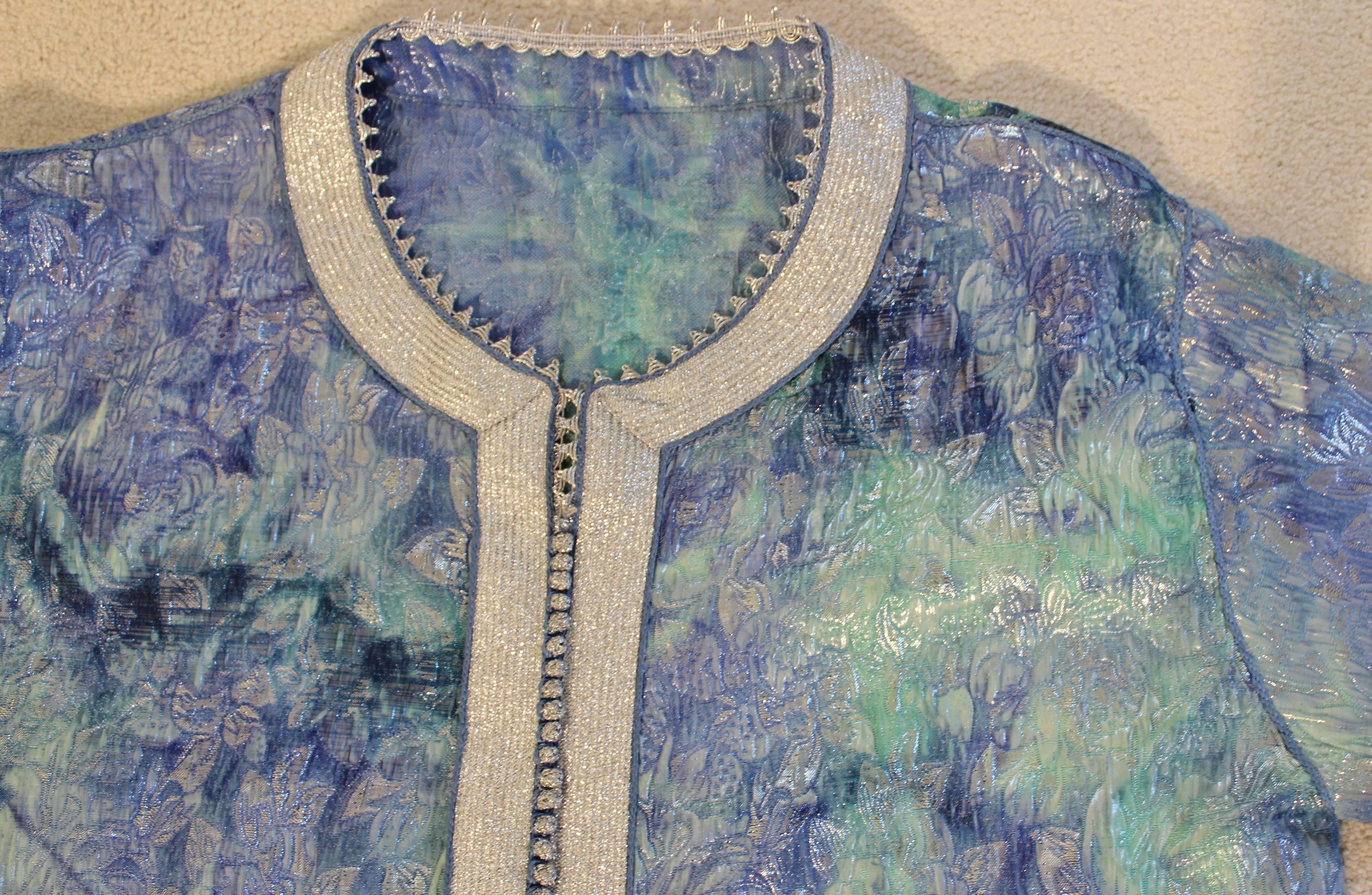 Robe longue caftan mauresque marocaine en brocart bleu aigue-marine et argent, taille M L en vente 5