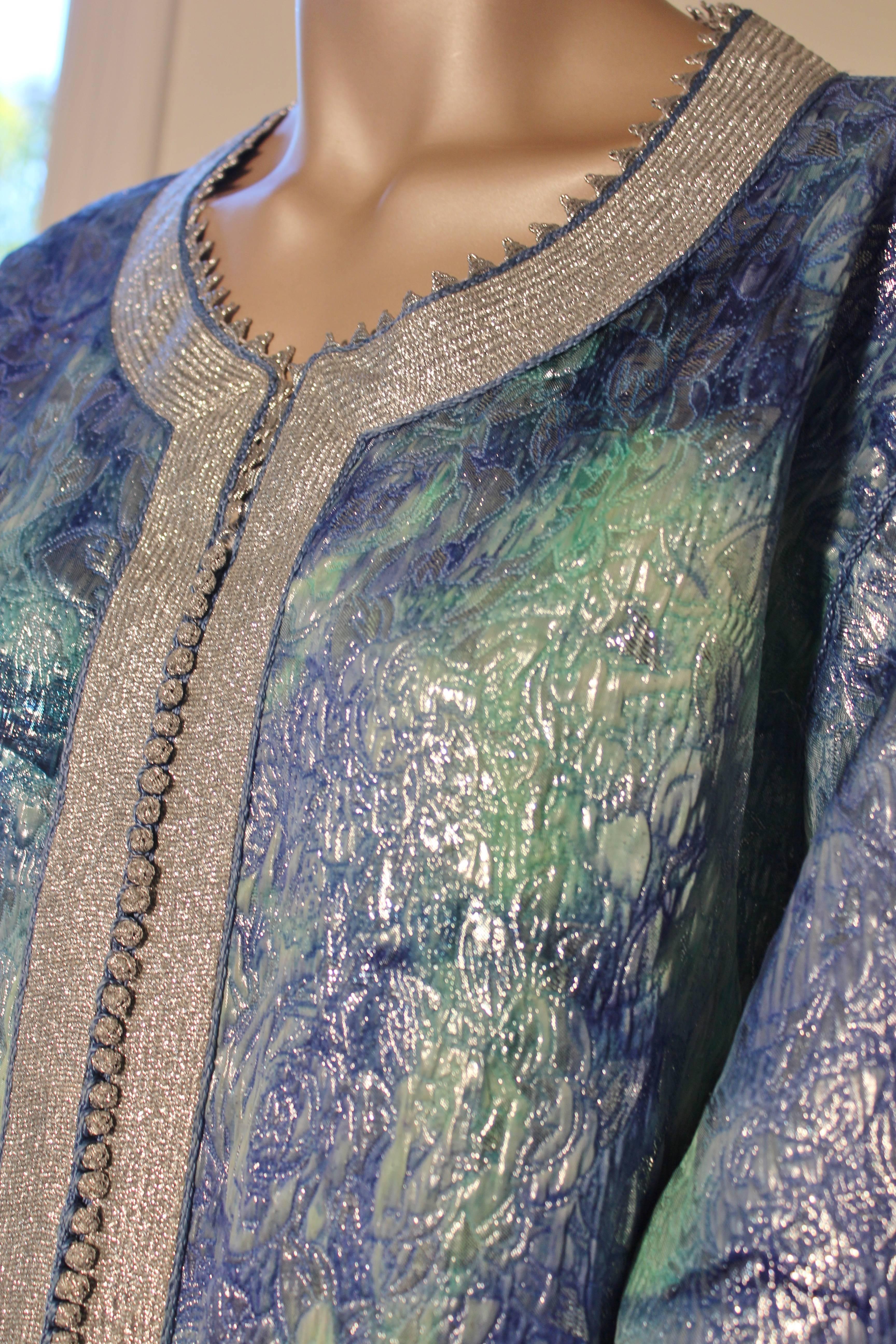 Gray Moroccan Moorish Caftan Maxi Dress Brocade Aquamarine Blue and Silver Size M L For Sale