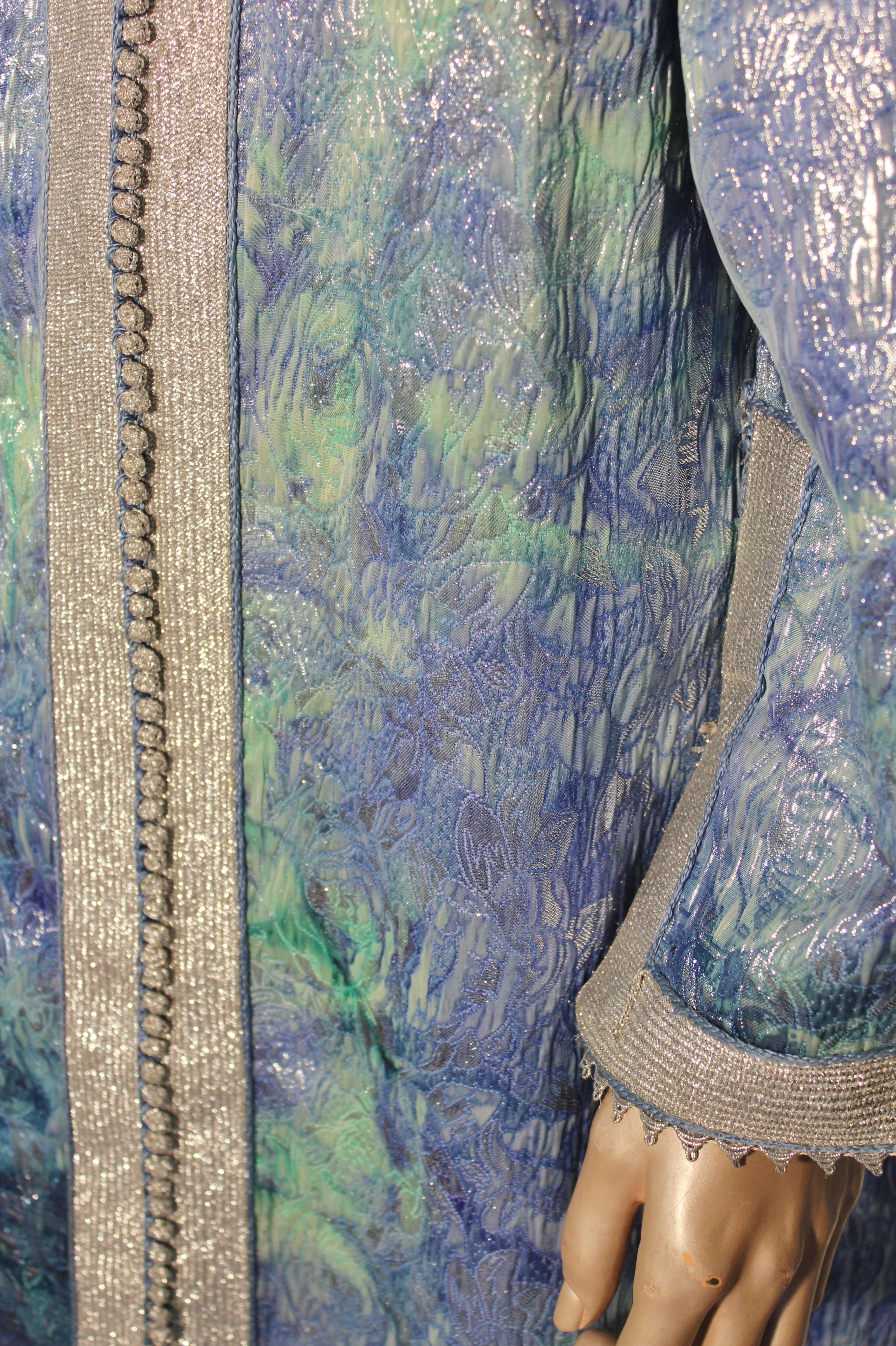 Robe longue caftan mauresque marocaine en brocart bleu aigue-marine et argent, taille M L en vente 2