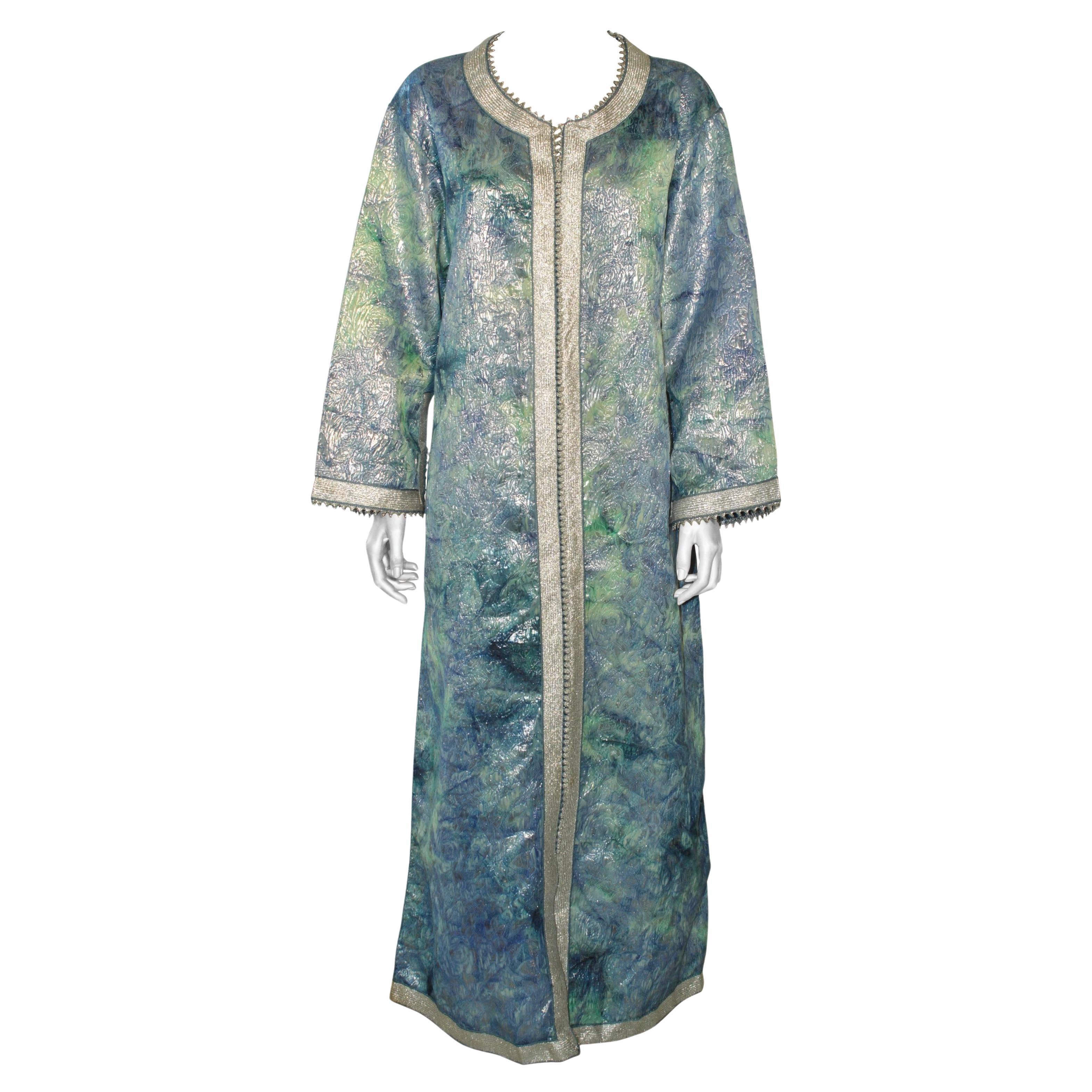 Robe longue caftan mauresque marocaine en brocart bleu aigue-marine et argent, taille M L en vente