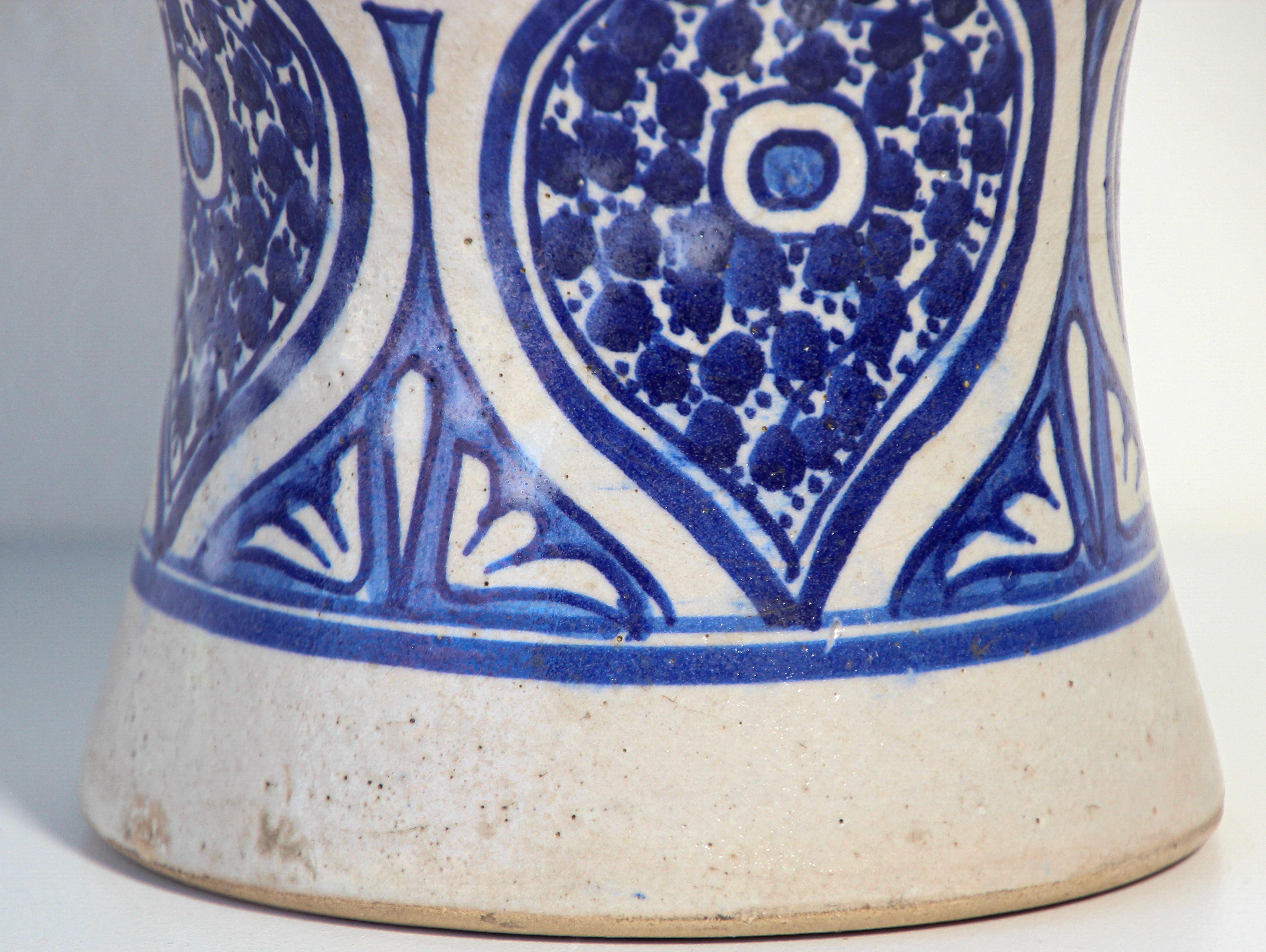 Hand-Crafted Moroccan Moorish Ceramic Blue and White Jar from Fez For Sale