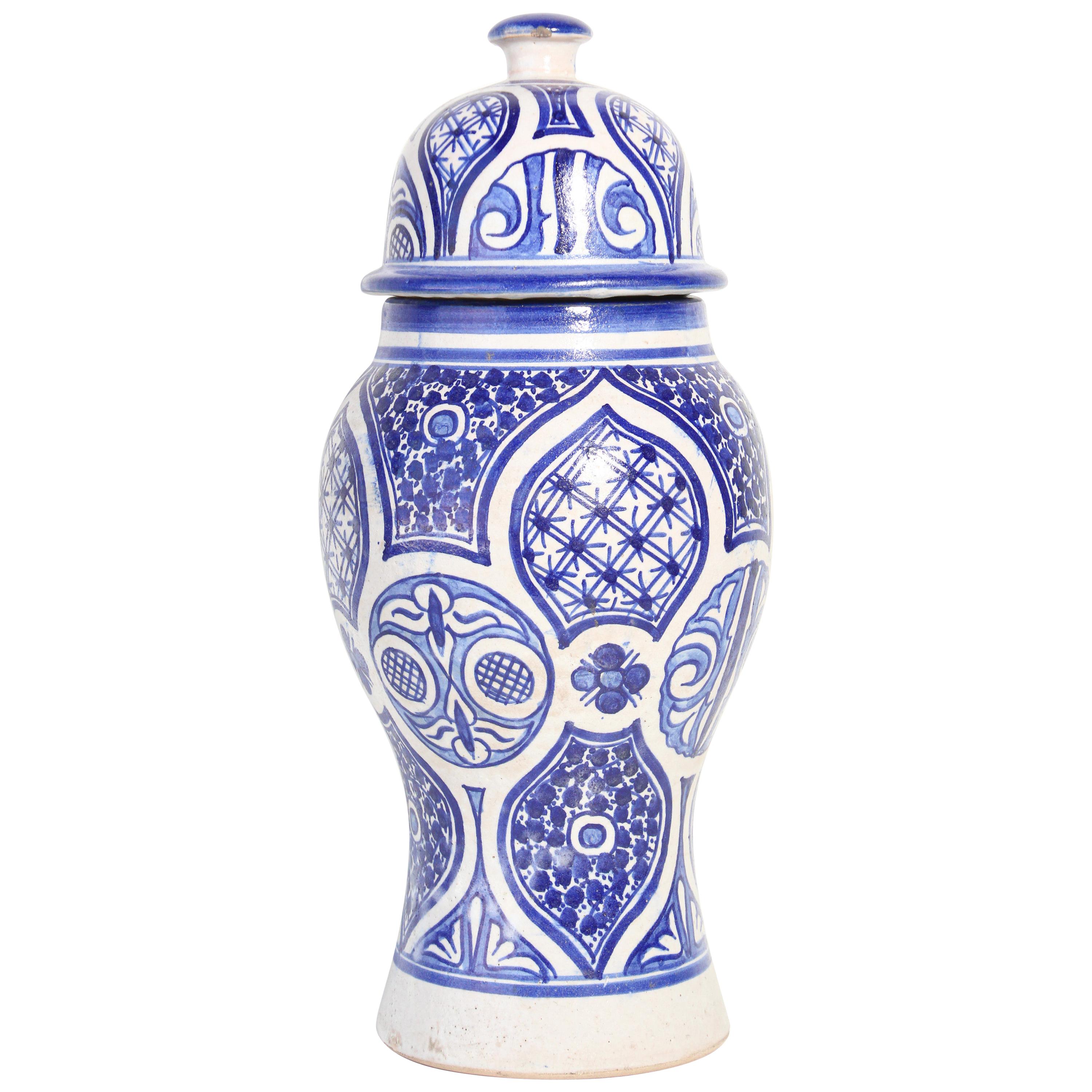 Moroccan Moorish Ceramic Blue and White Jar from Fez For Sale