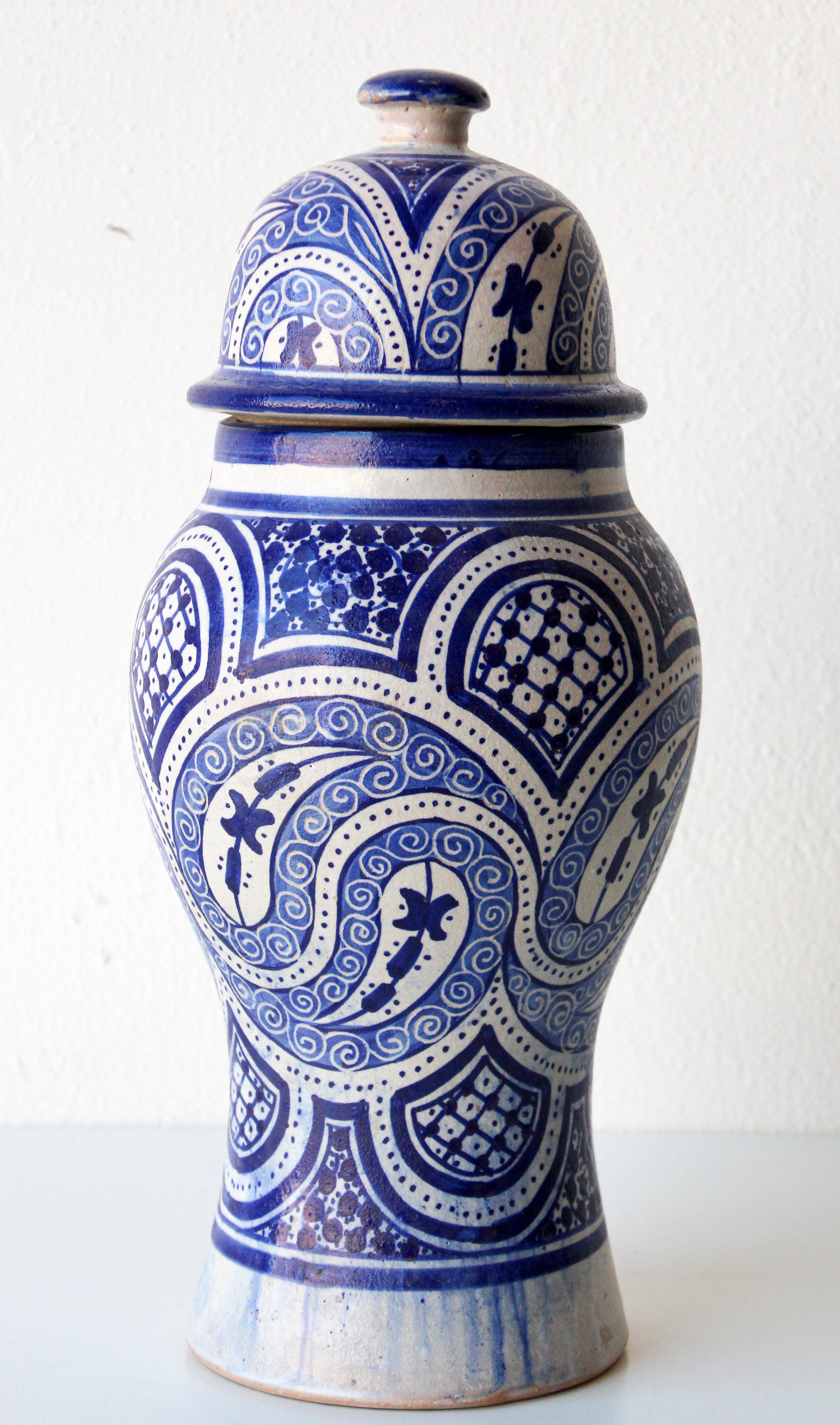 Moroccan Moorish Ceramic Blue Urn from Fez 6