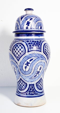 Moroccan Moorish Ceramic Blue Urn from Fez