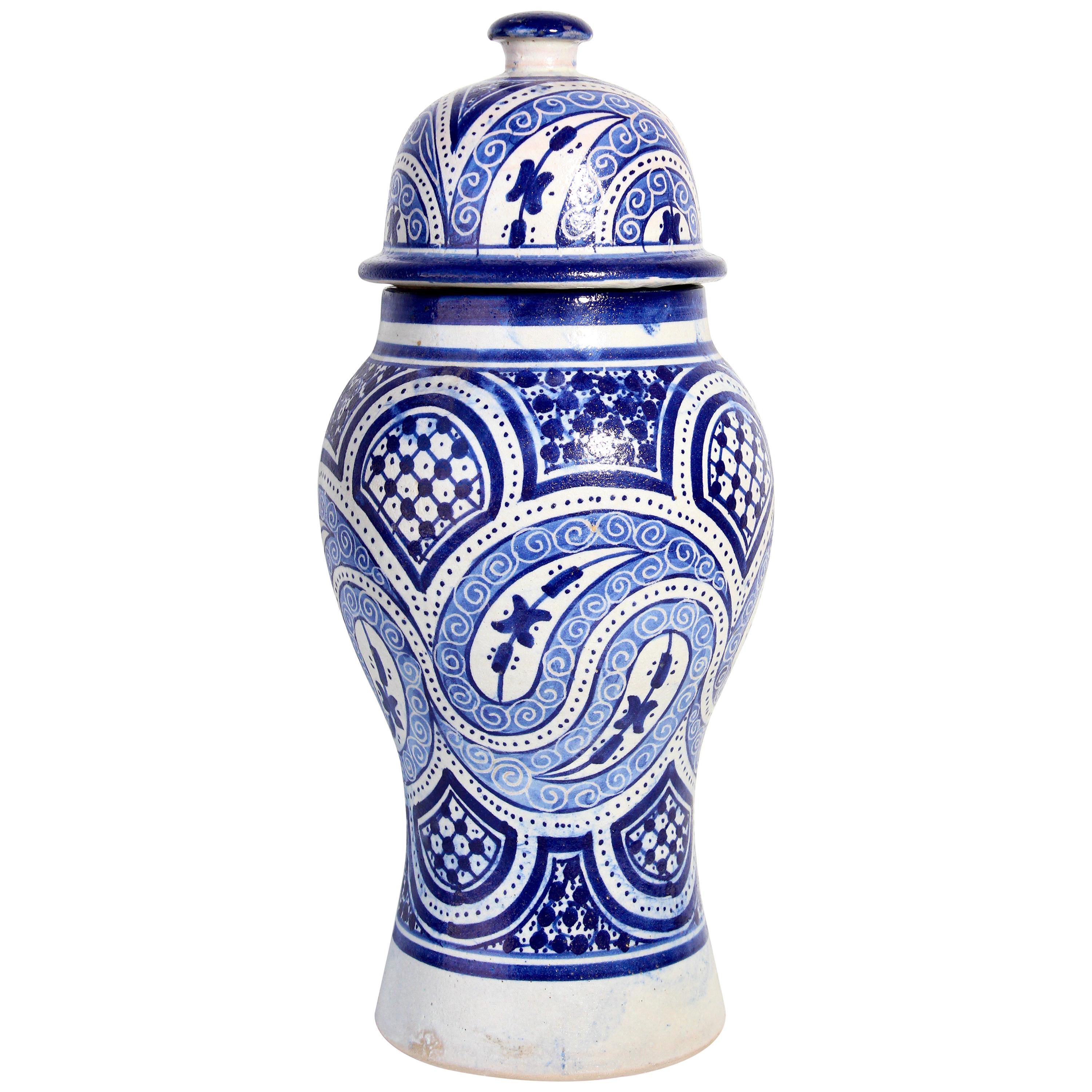 Moroccan Moorish Ceramic Blue Urn from Fez