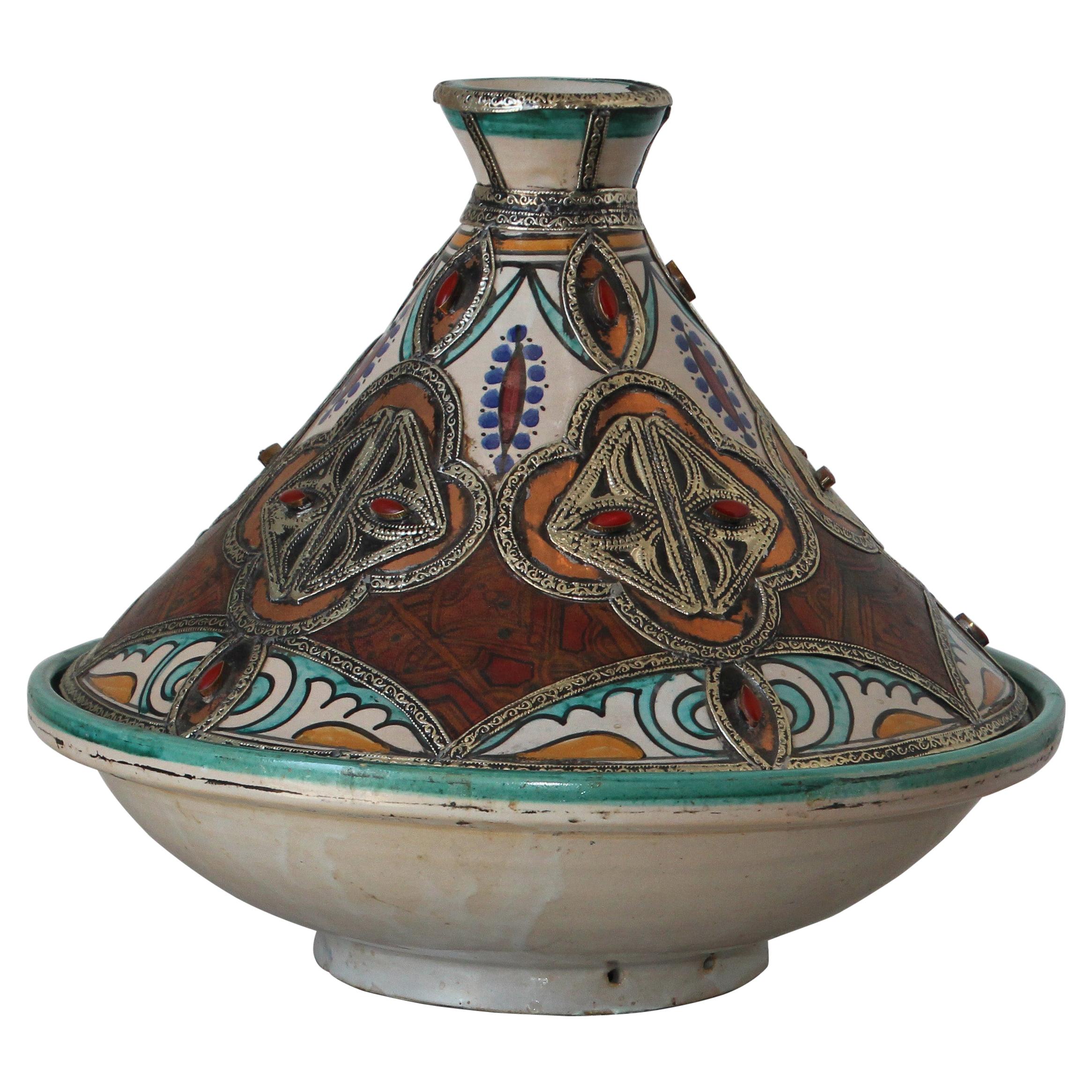 Moroccan Moorish Ceramic Bowl with Lid, Tajine from Fez For Sale