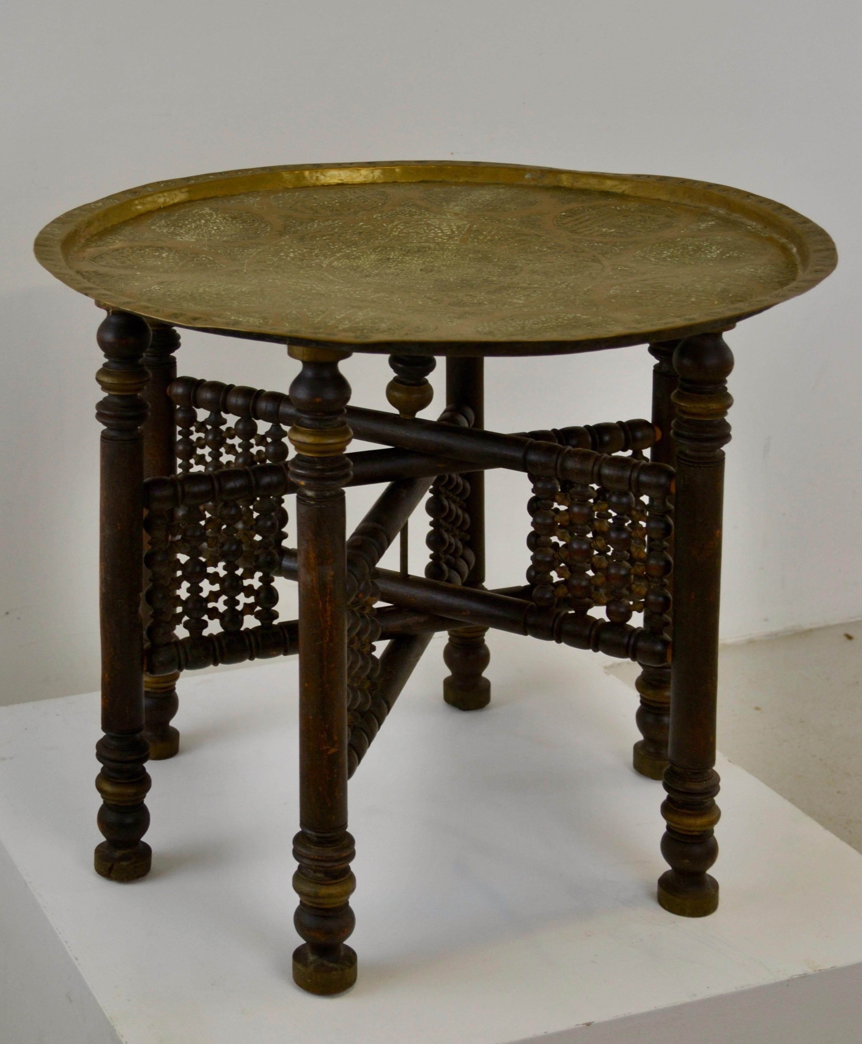 Moroccan Moorish Copper Tray Table with Hand-Carved Folding Base For Sale 6