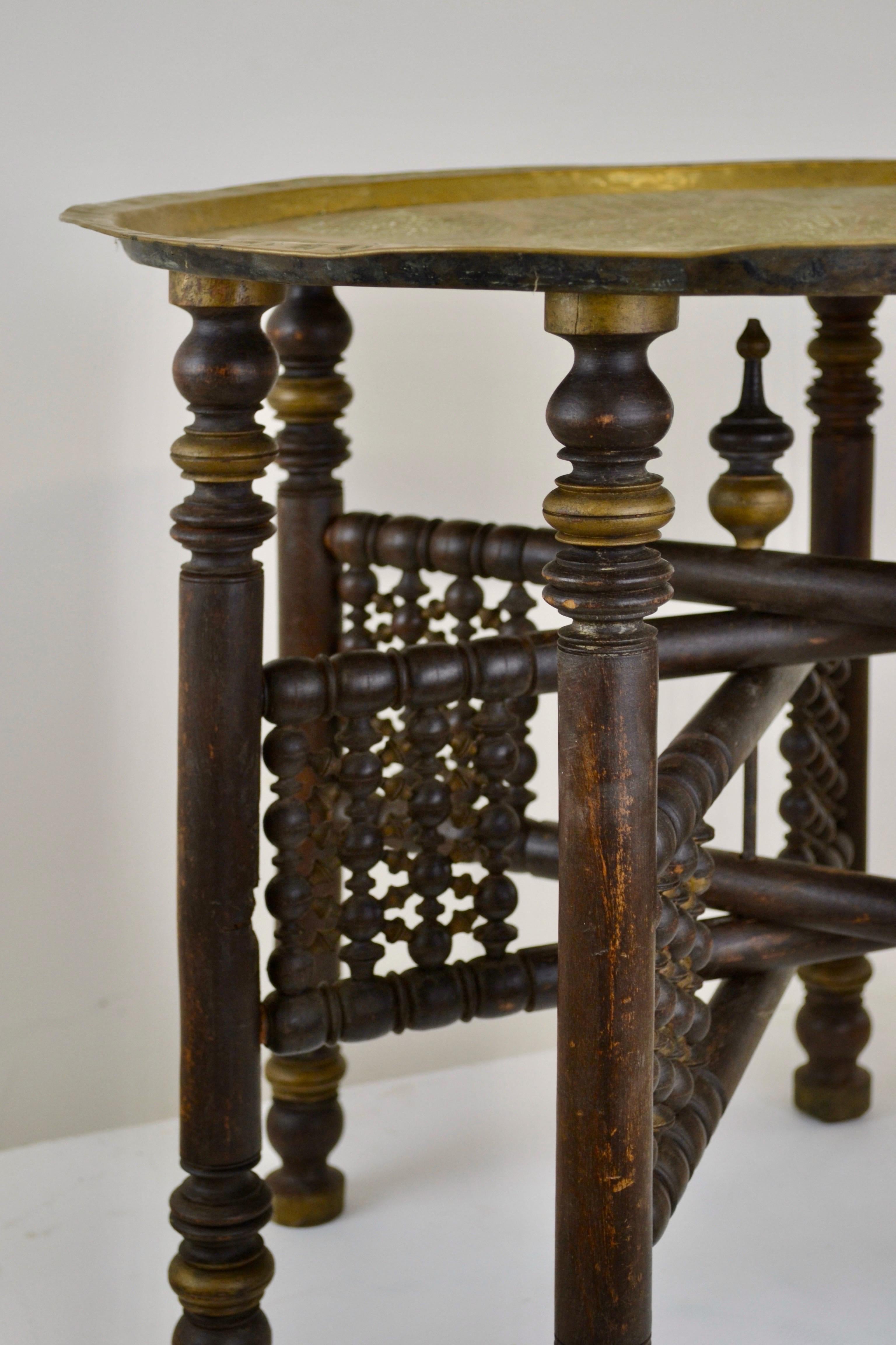 Moroccan Moorish Copper Tray Table with Hand-Carved Folding Base For Sale 3