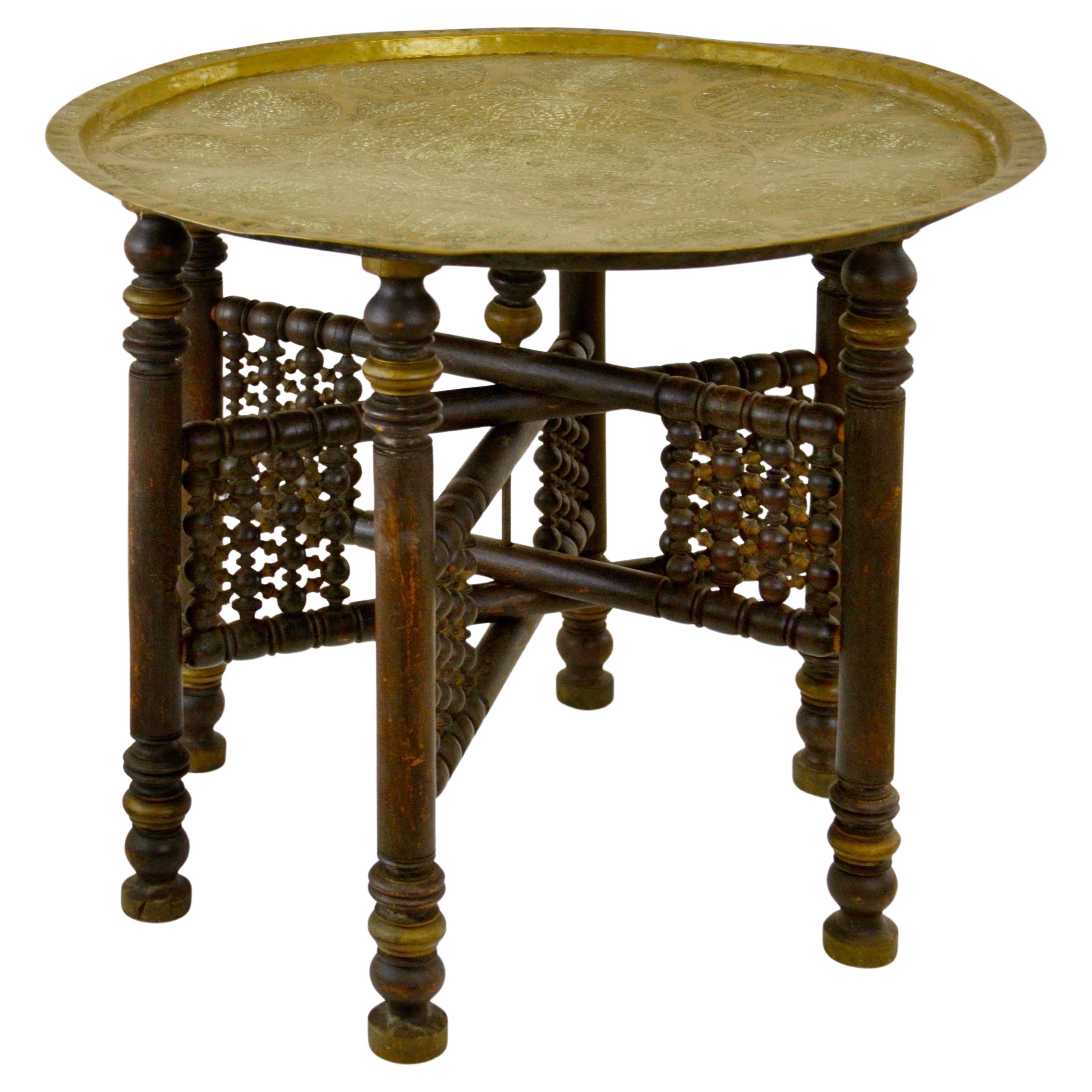 Moroccan Moorish Copper Tray Table with Hand-Carved Folding Base For Sale