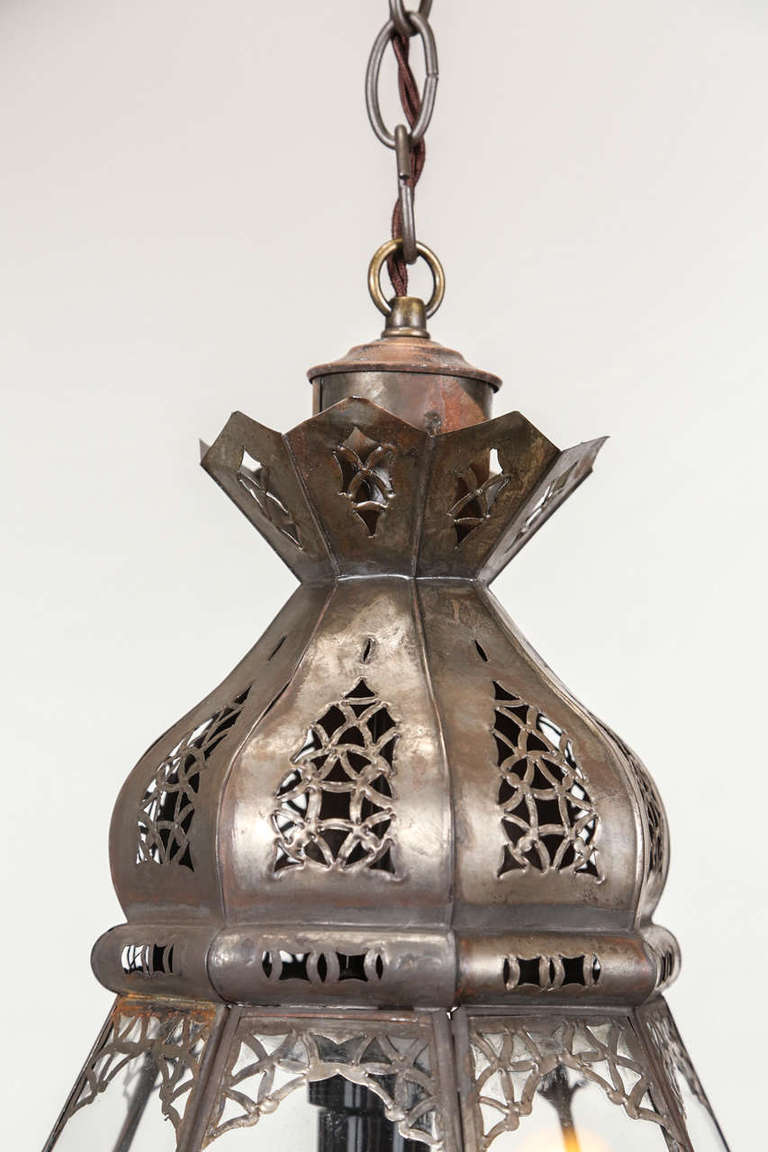 Moroccan Moorish Filigree Metal and Clear Glass Lantern In Good Condition For Sale In North Hollywood, CA