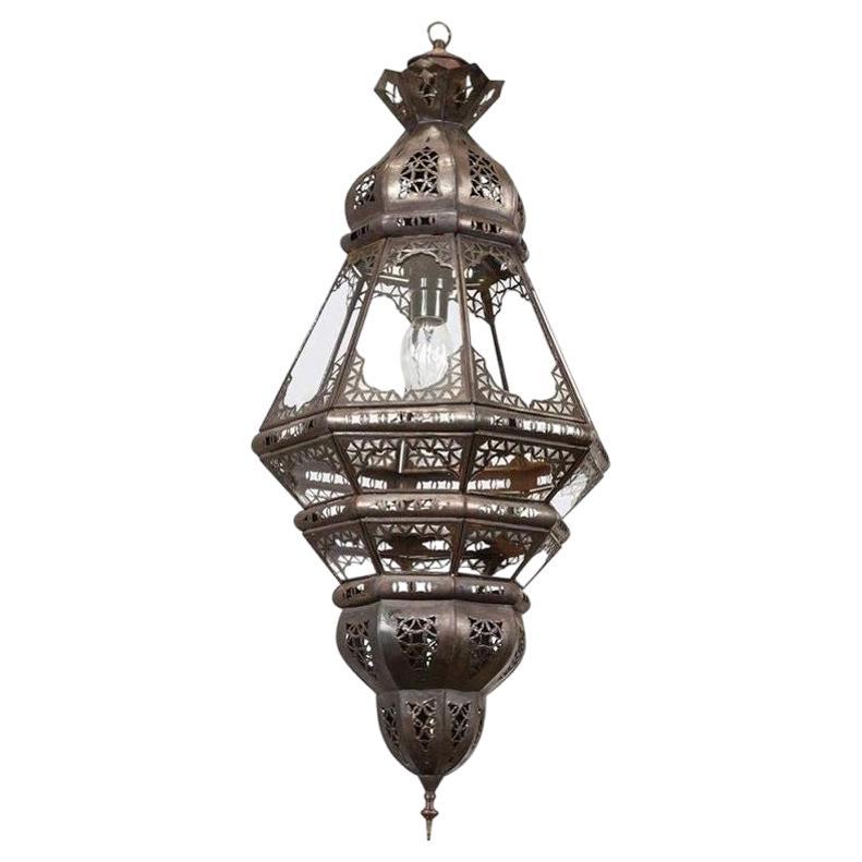 Moroccan Moorish Filigree Metal and Clear Glass Lantern For Sale