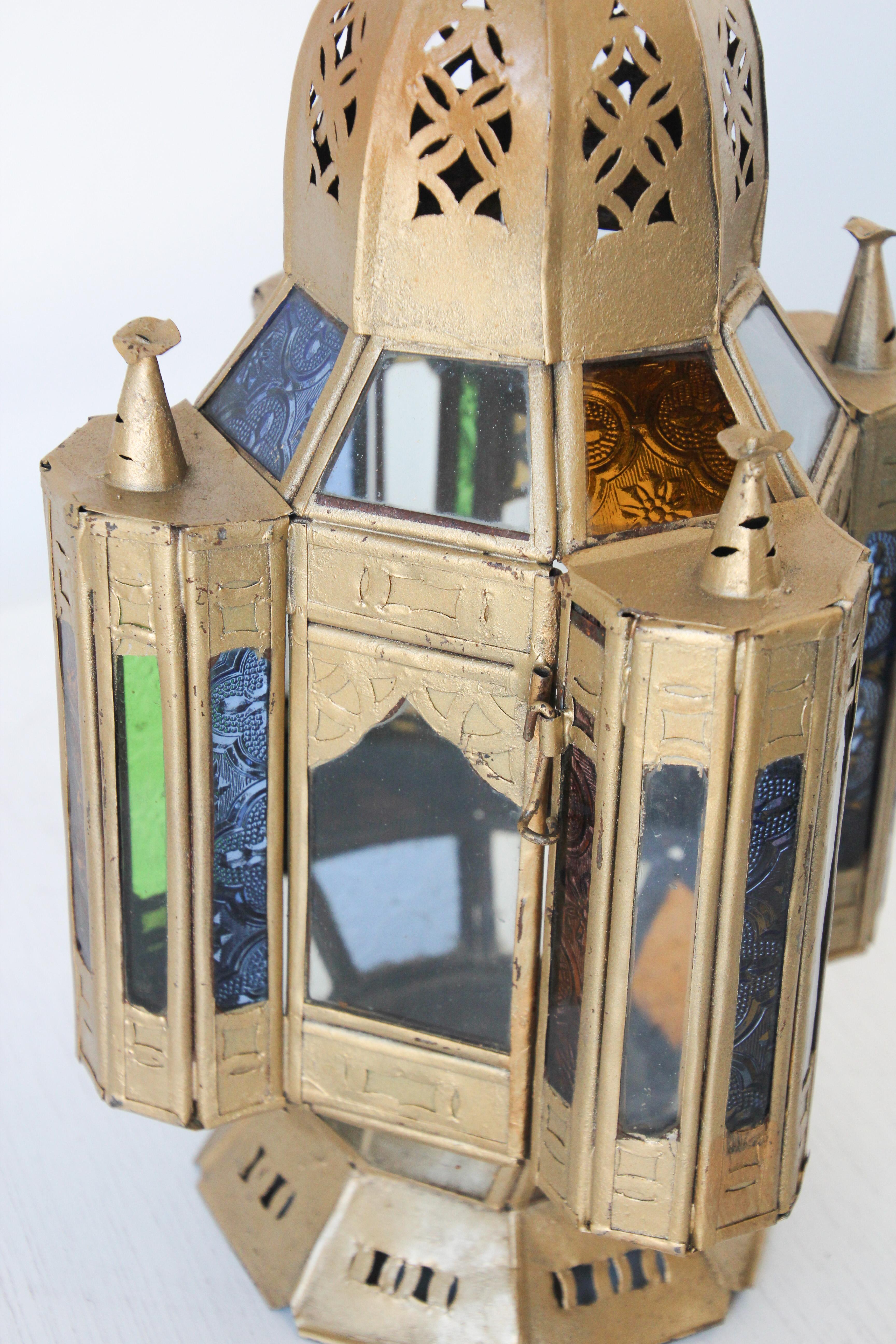 Moroccan Candle Lantern in Moorish Gilt Metal and Glass For Sale 3