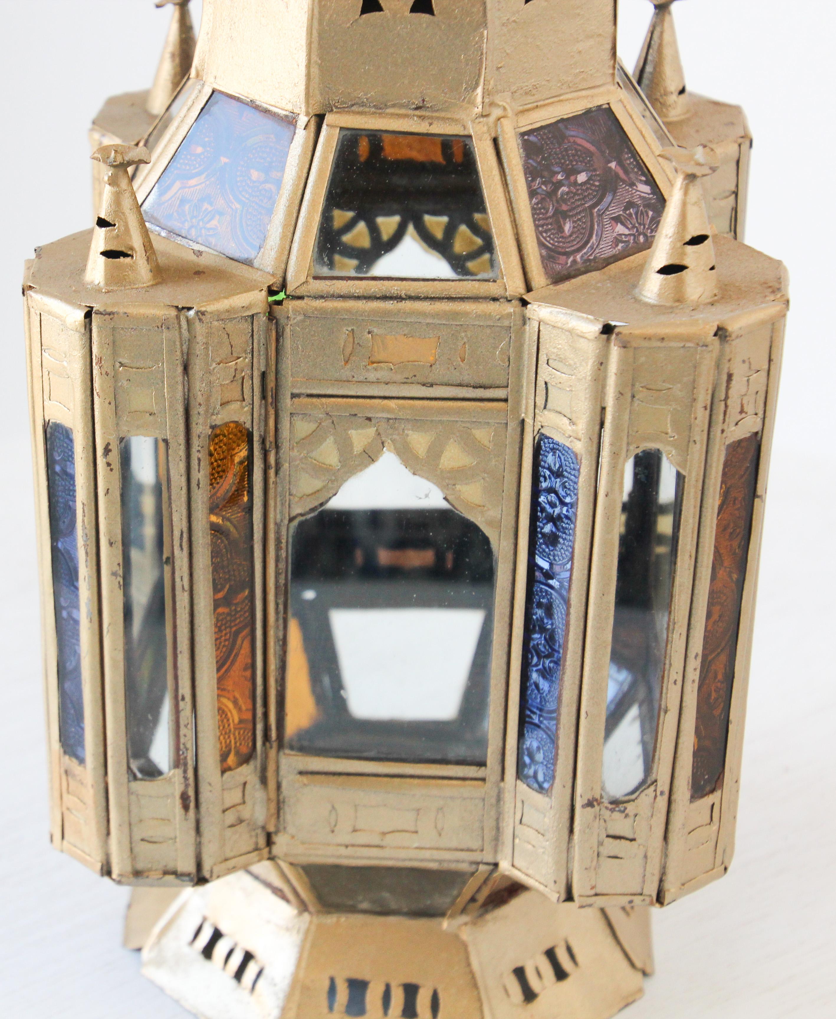 Moroccan Candle Lantern in Moorish Gilt Metal and Glass For Sale 4