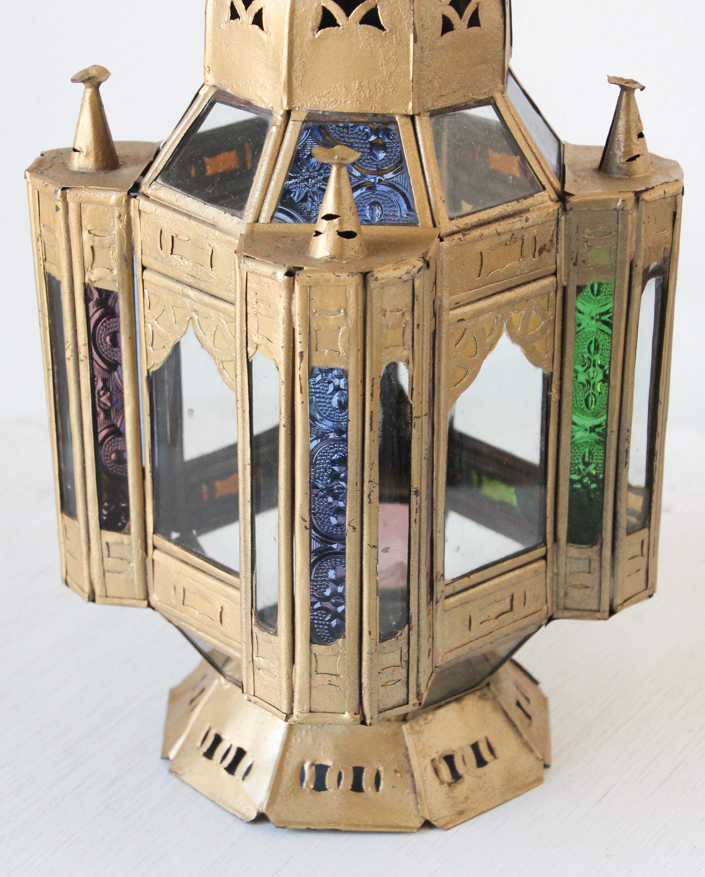 Moroccan Candle Lantern in Moorish Gilt Metal and Glass For Sale 6