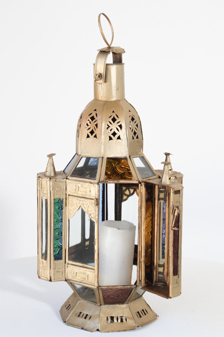 Moroccan Moorish Gilt Metal and Glass Candle Lantern For Sale at 1stDibs