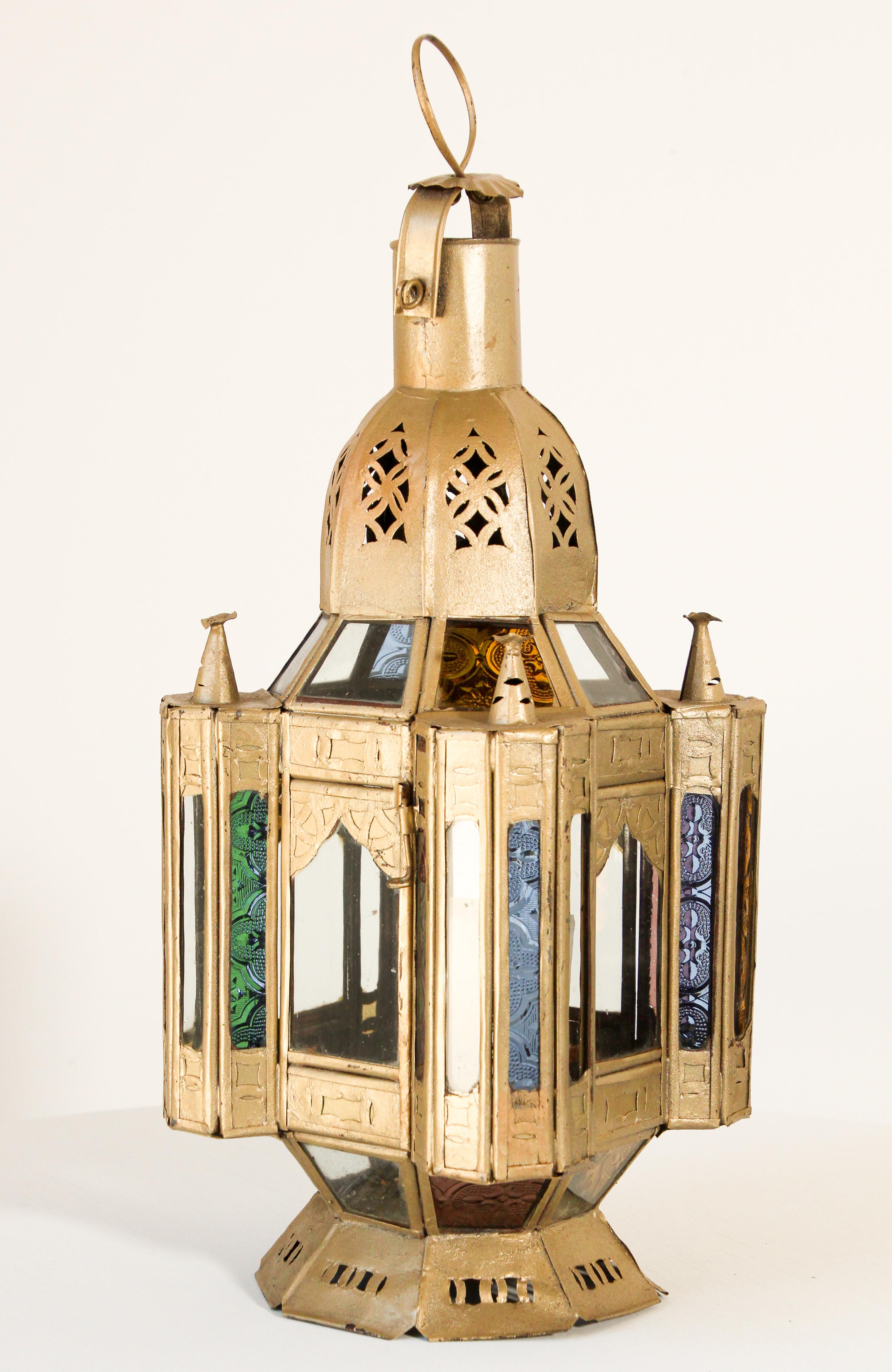 Moroccan Candle Lantern in Moorish Gilt Metal and Glass For Sale 11