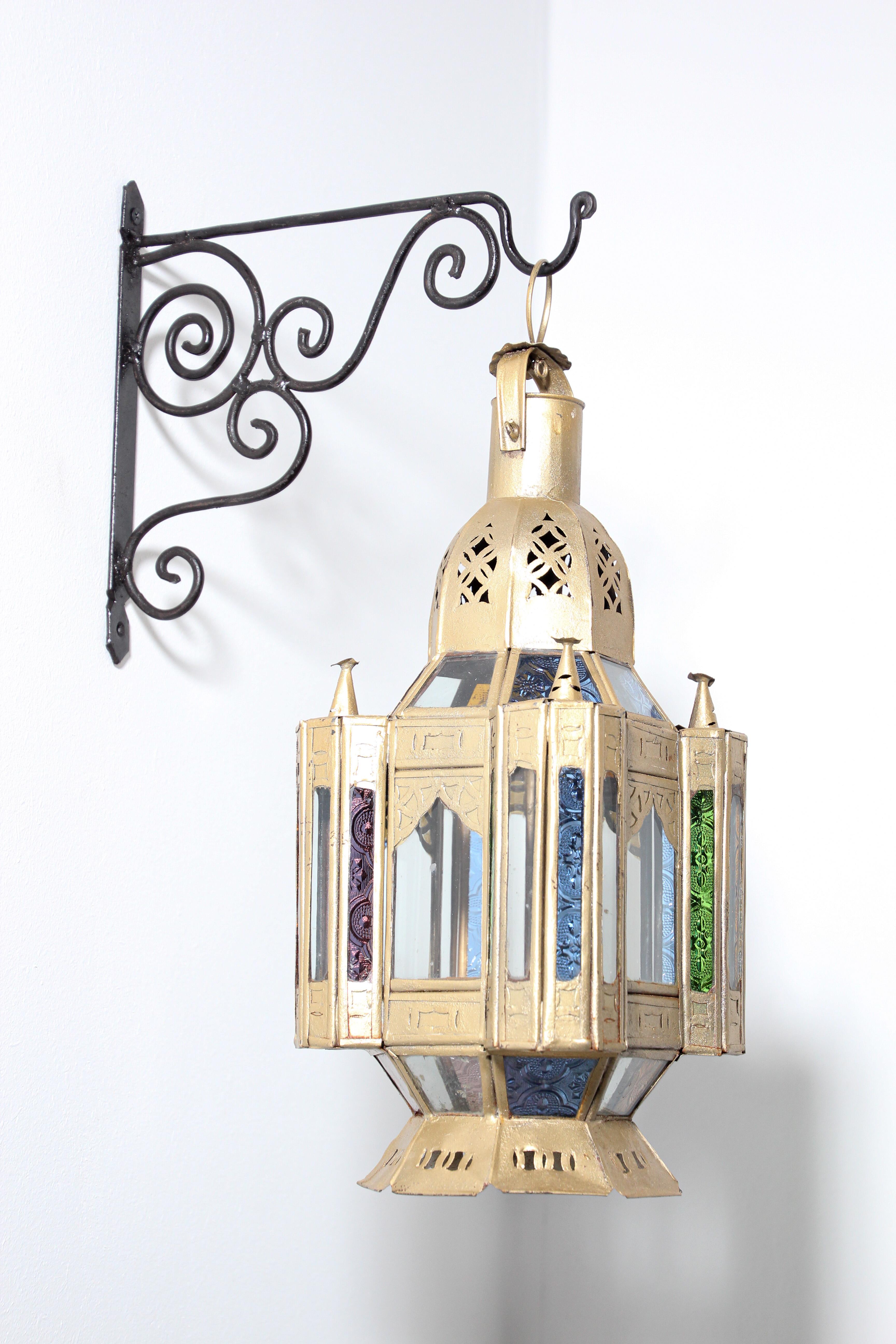 Moroccan Candle Lantern in Moorish Gilt Metal and Glass For Sale 13