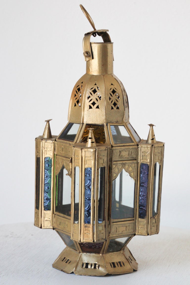 Moroccan Moorish Gilt Metal and Glass Candle Lantern For Sale at 1stDibs