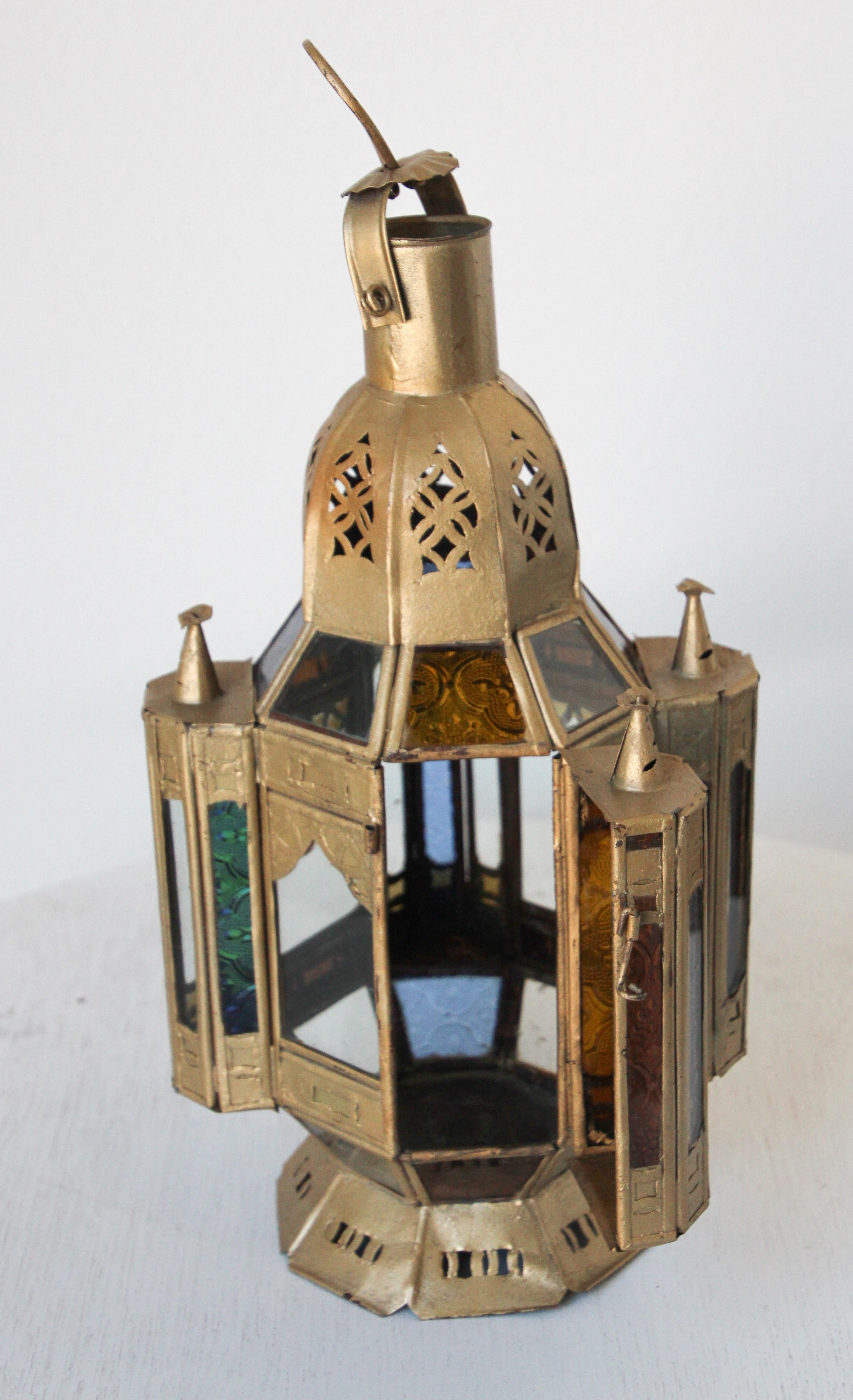 Moroccan Candle Lantern in Moorish Gilt Metal and Glass For Sale 1