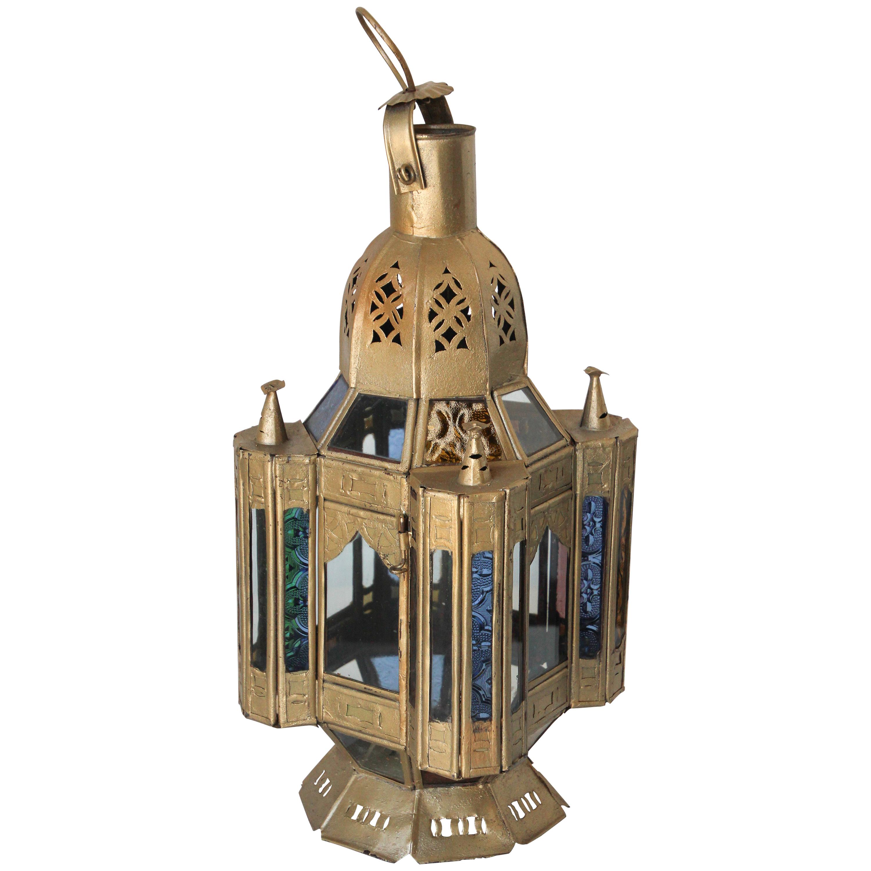 Moroccan Candle Lantern in Moorish Gilt Metal and Glass