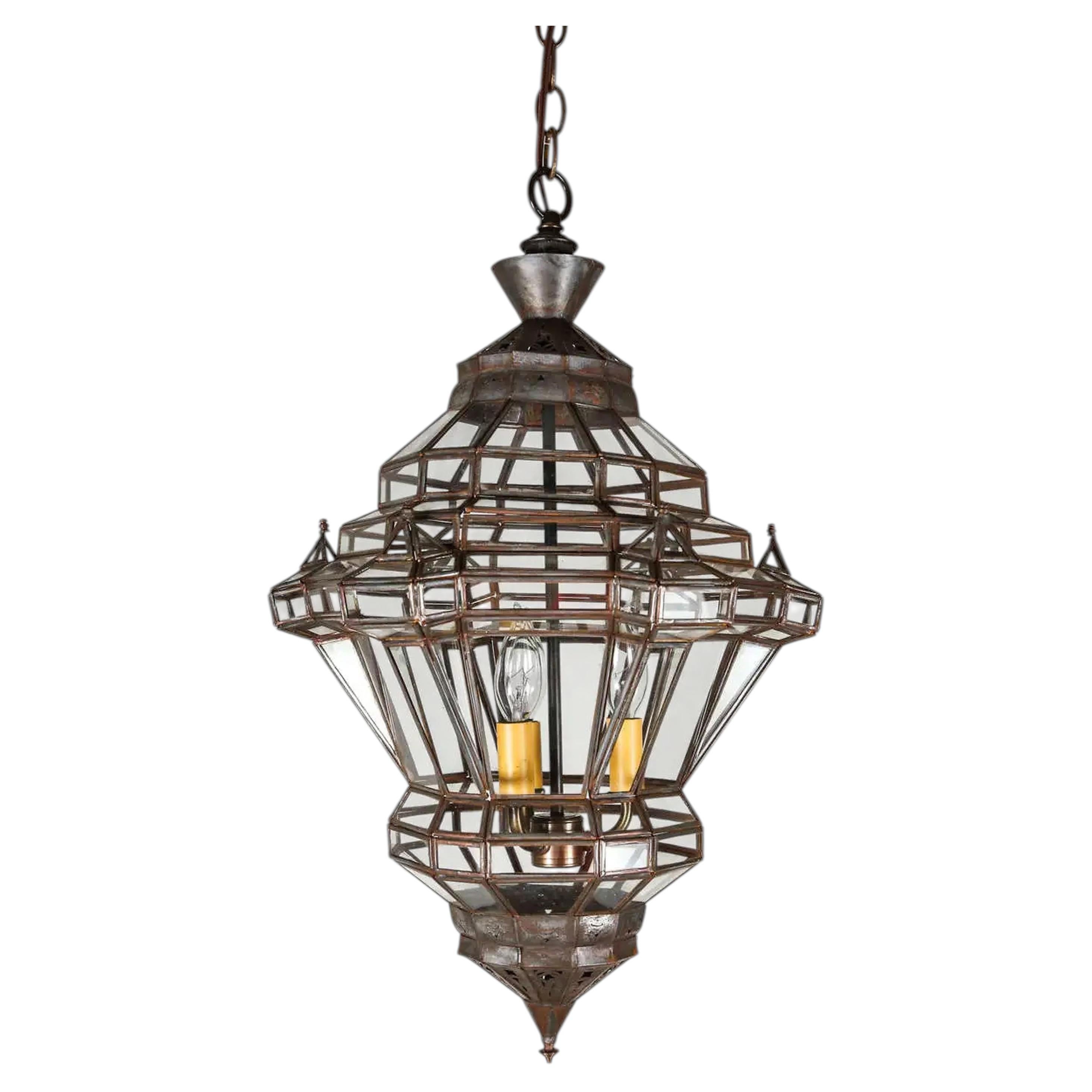 Moroccan Moorish Granada Clear Glass Bronze Lantern Pendant, Marrakech 1990s For Sale