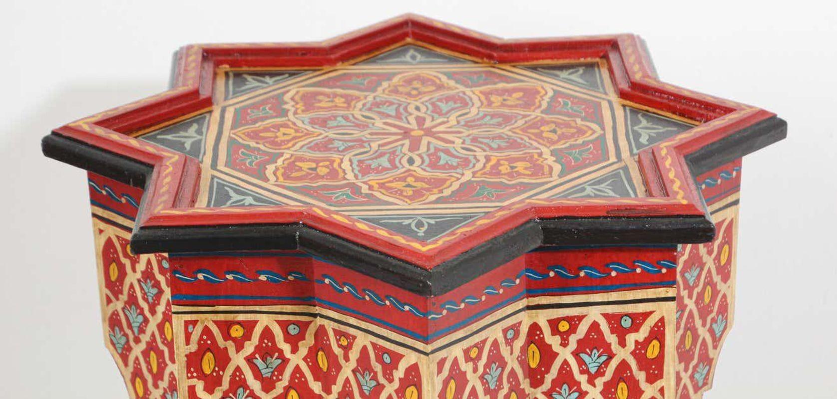 Moroccan Moorish Side Table Hand Painted Red Wood In Good Condition For Sale In North Hollywood, CA