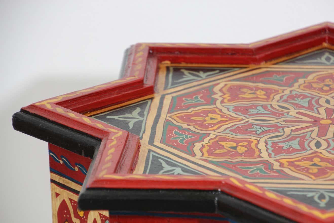 20th Century Moroccan Moorish Side Table Hand Painted Red Wood For Sale