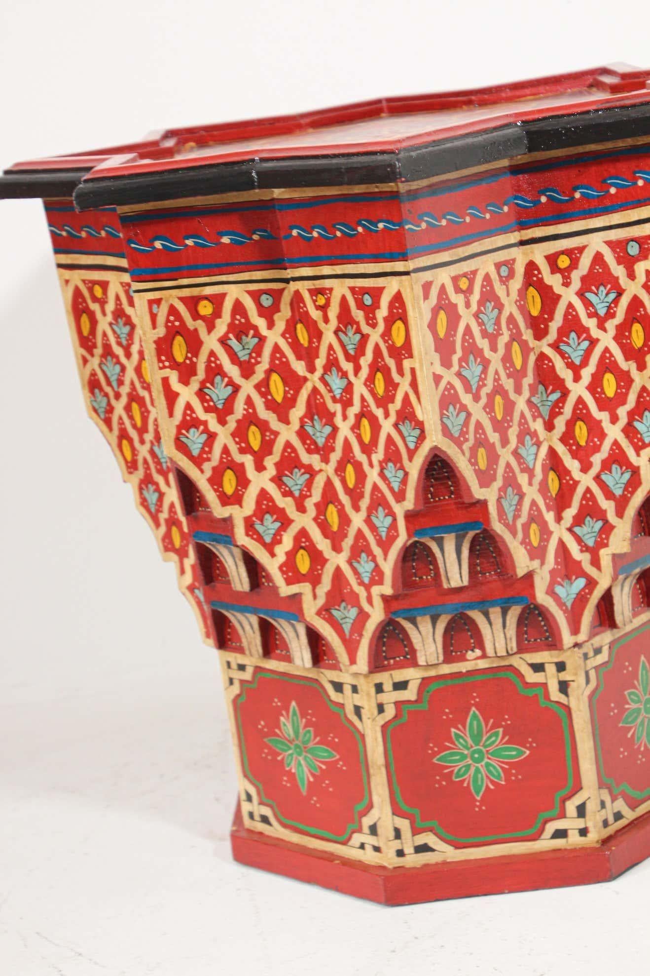 Moroccan Moorish Side Table Hand Painted Red Wood For Sale 1