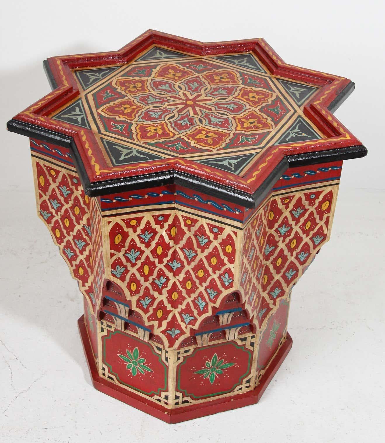 Moroccan Moorish Side Table Hand Painted Red Wood For Sale 2