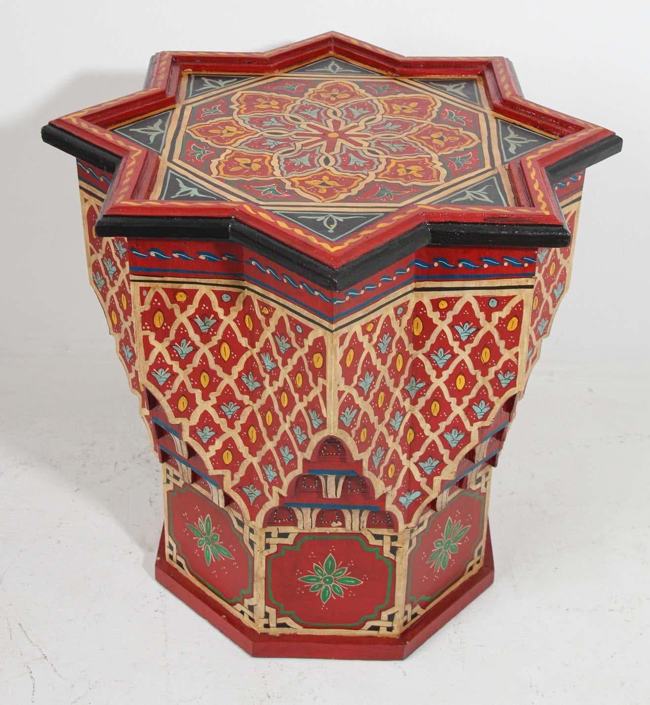 Moroccan Moorish Side Table Hand Painted Red Wood For Sale 4