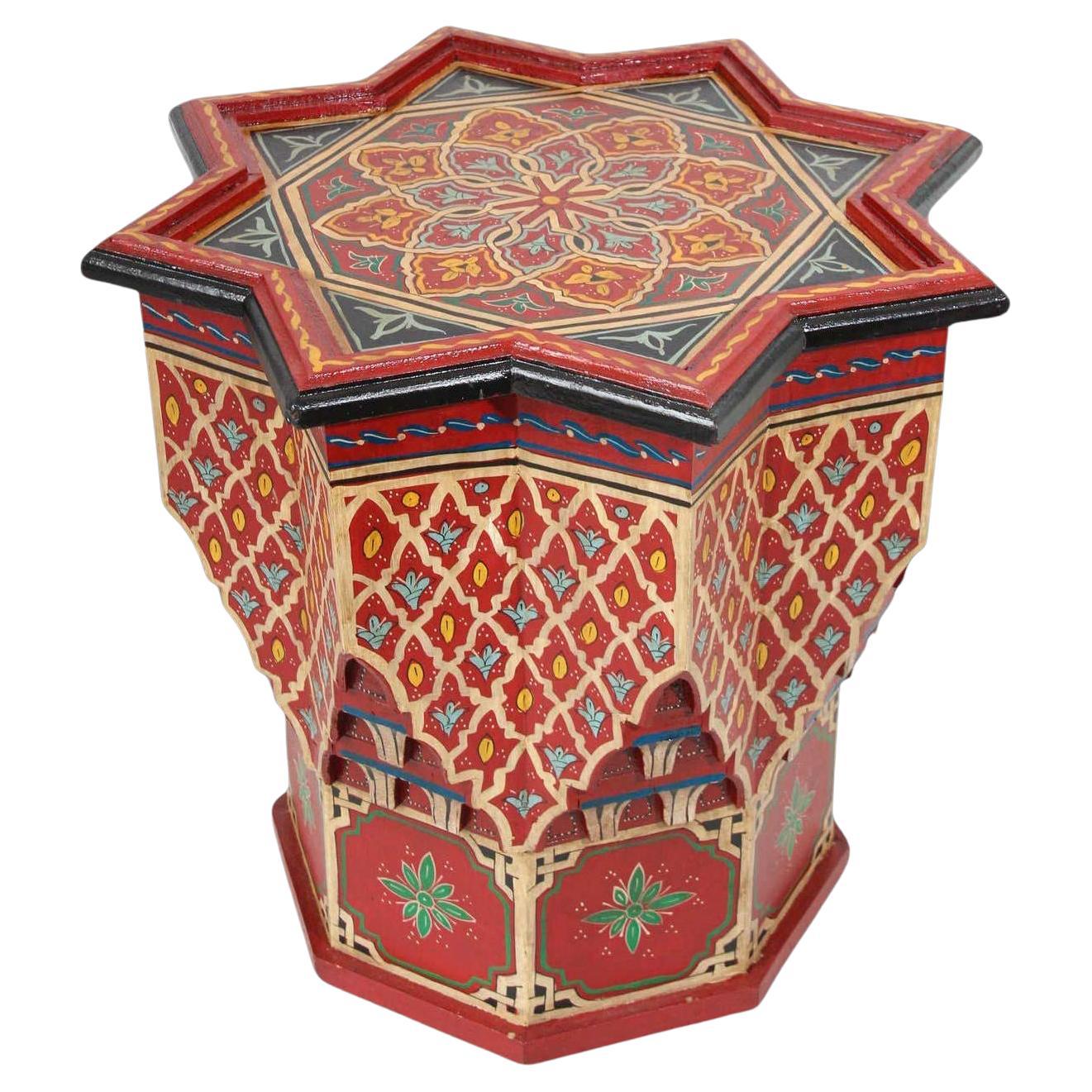 Moroccan Moorish Side Table Hand Painted Red Wood For Sale