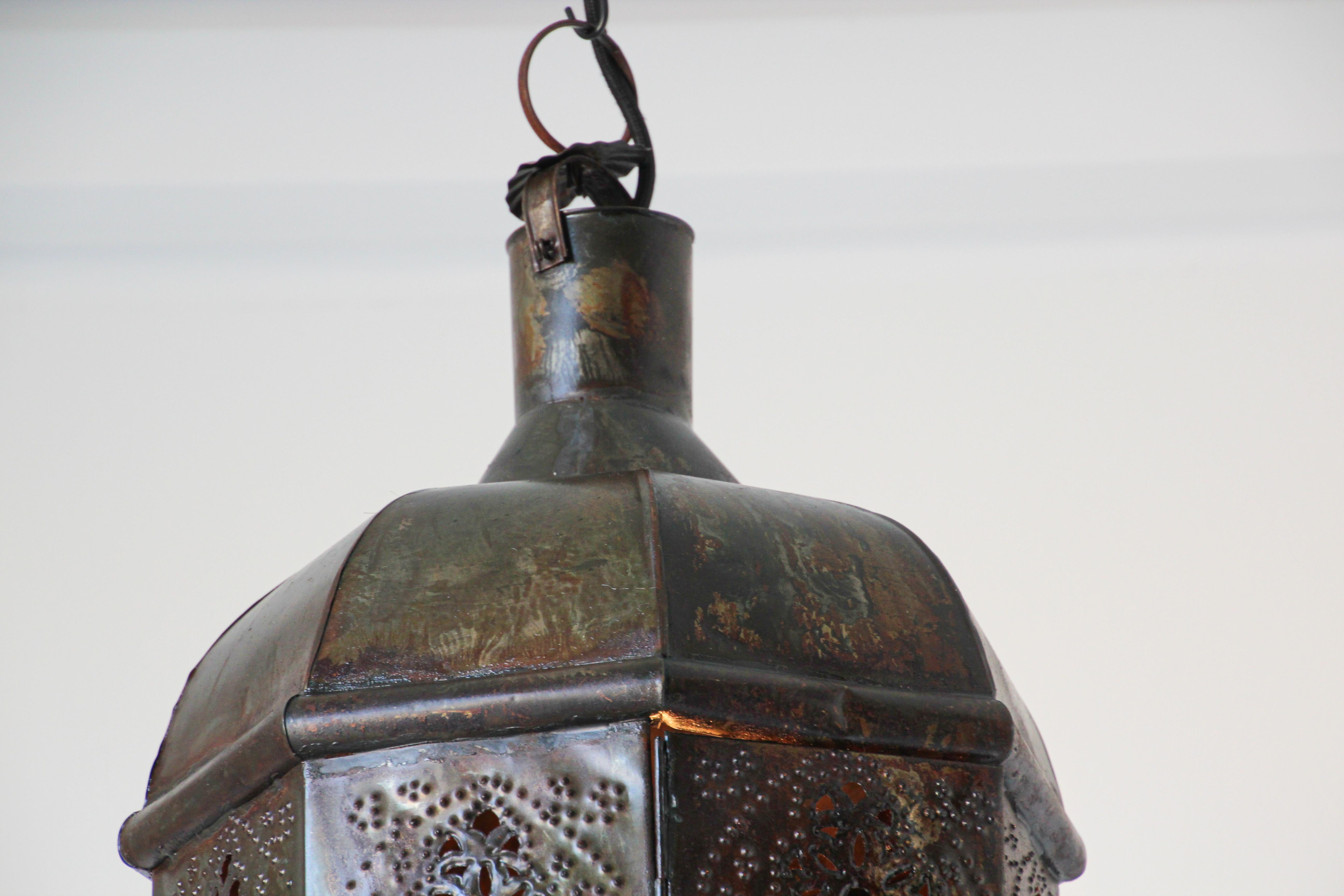 Moroccan Moorish Handcrafted Metal Lantern Pendant In Fair Condition For Sale In North Hollywood, CA