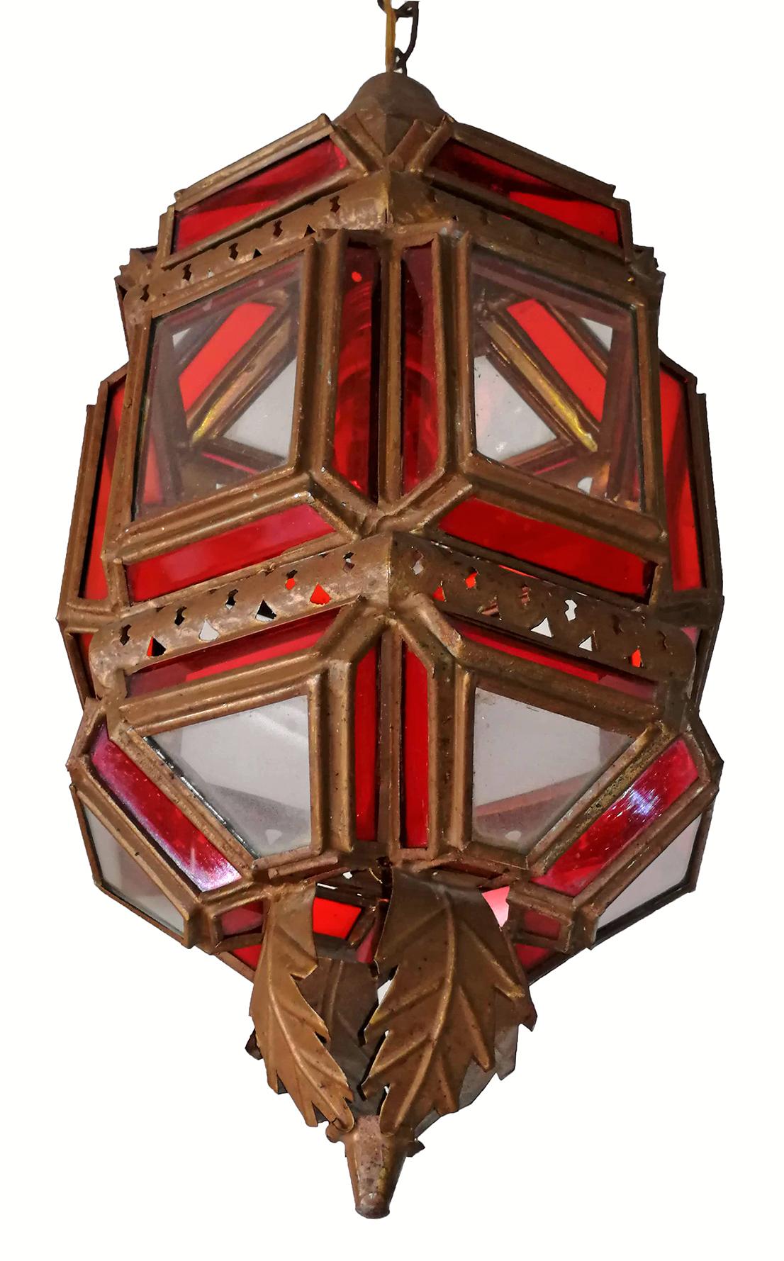 Moroccan Moorish Handmade Metal Ceiling Pendant Lantern in Red and White Glass 4