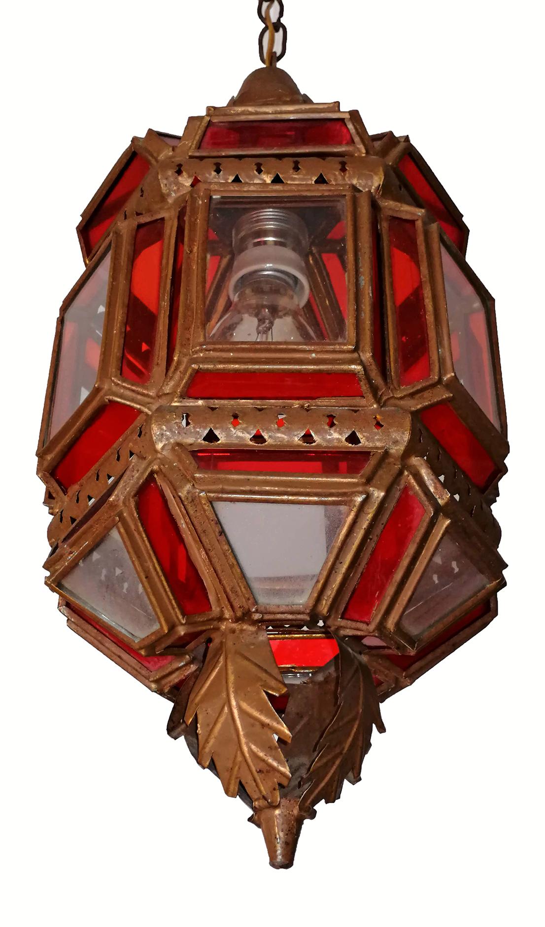 Moroccan Moorish Handmade Metal Ceiling Pendant Lantern in Red and White Glass 4