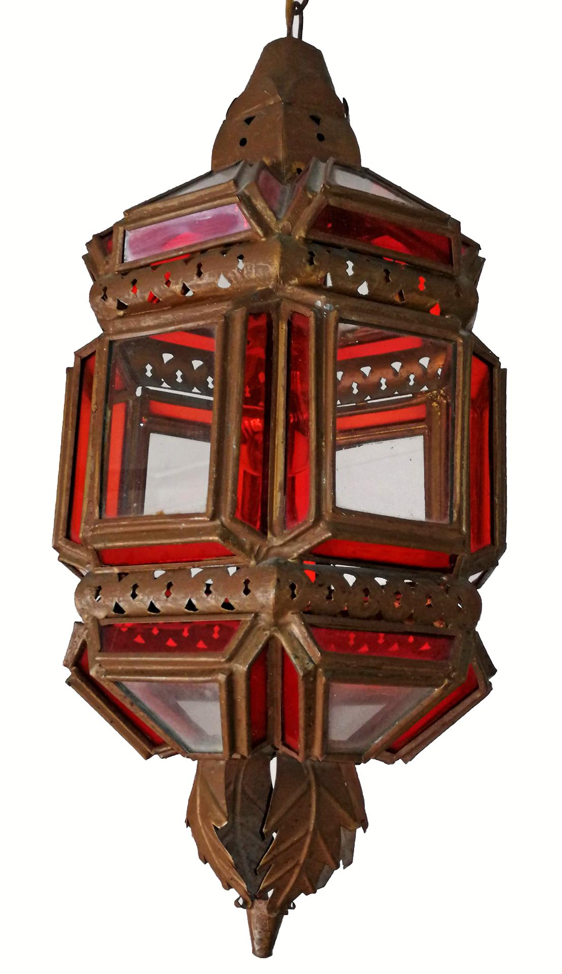 Moroccan Moorish Handmade Metal Ceiling Pendant Lantern in Red and White Glass 5