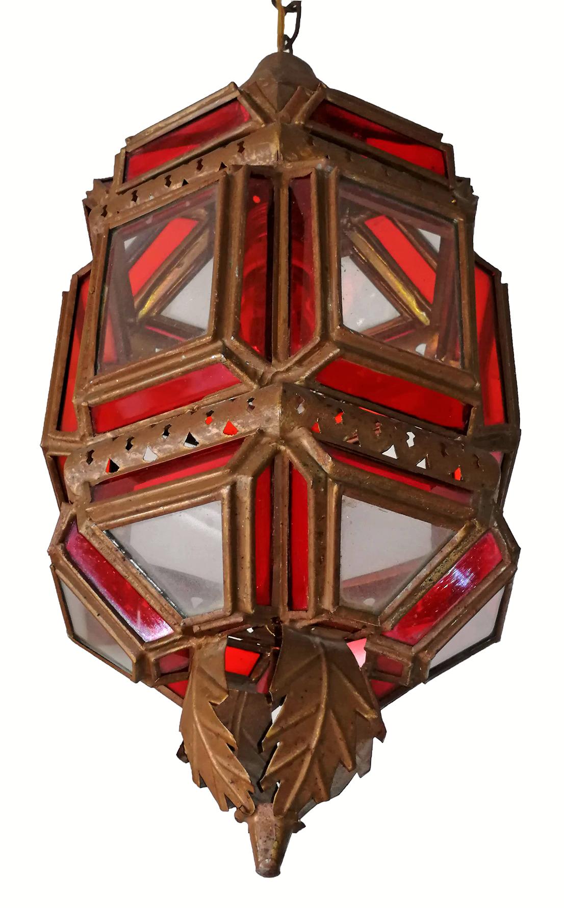 Moroccan Moorish Handmade Metal Ceiling Pendant Lantern in Red and White Glass 5