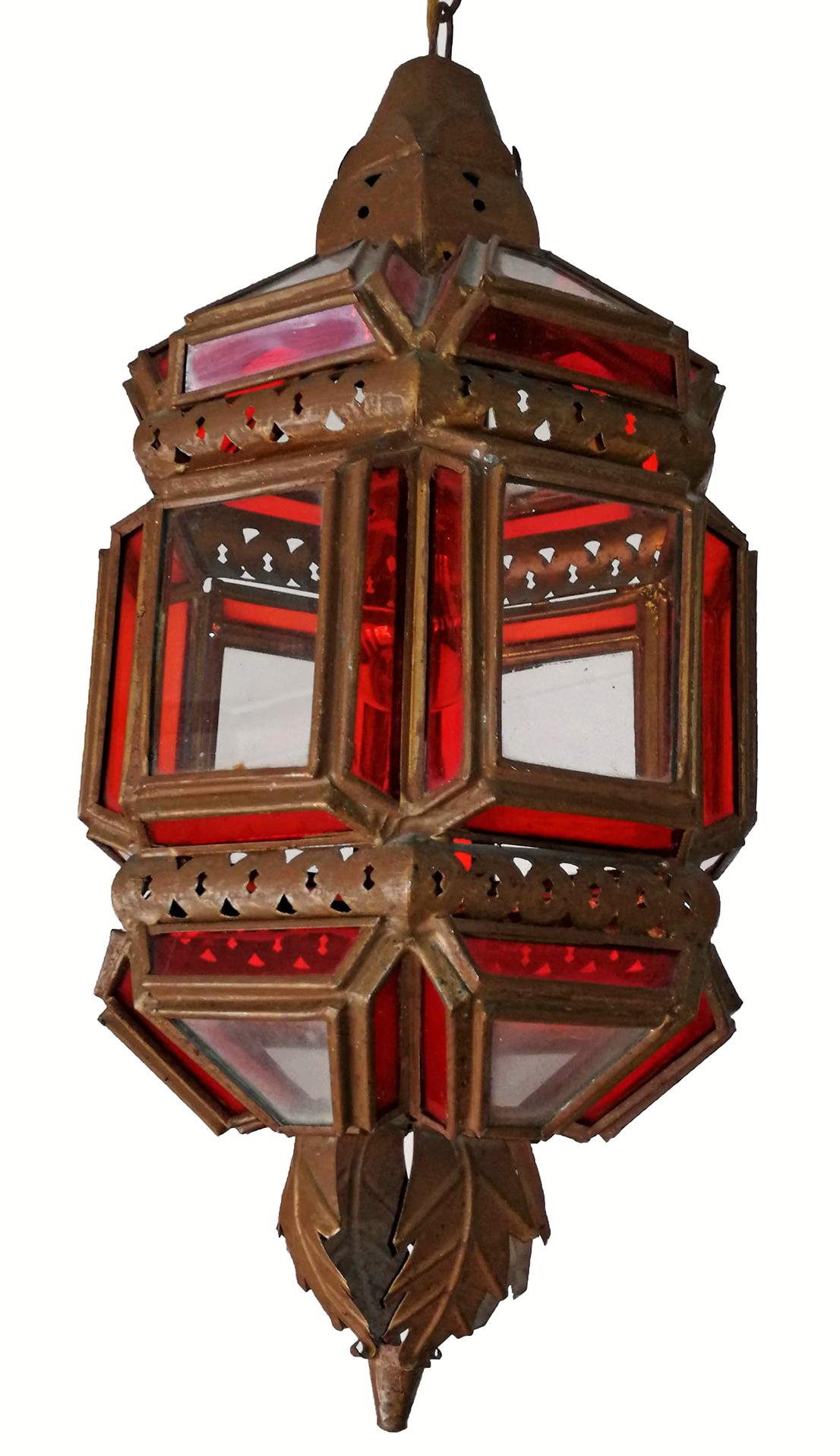 Moroccan Moorish Handmade Metal Ceiling Pendant Lantern in Red and White Glass 6