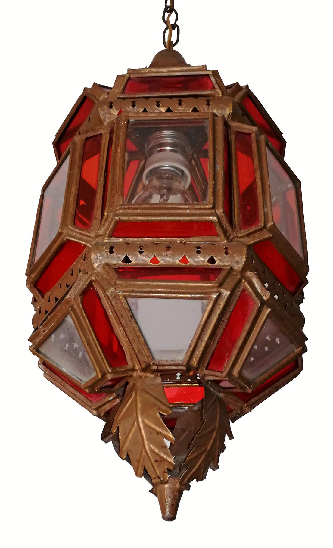 Moroccan Moorish Handmade Metal Ceiling Pendant Lantern in Red and White Glass 7