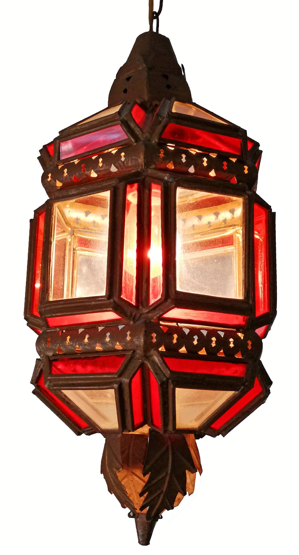 Hand-Crafted Moroccan Moorish Handmade Metal Ceiling Pendant Lantern in Red and White Glass