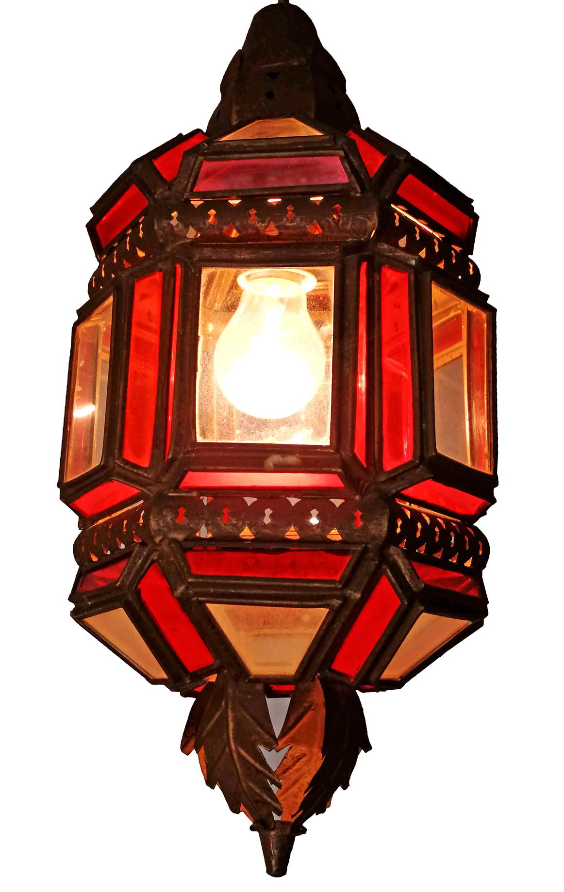 Hand-Crafted Moroccan Moorish Handmade Metal Ceiling Pendant Lantern in Red and White Glass