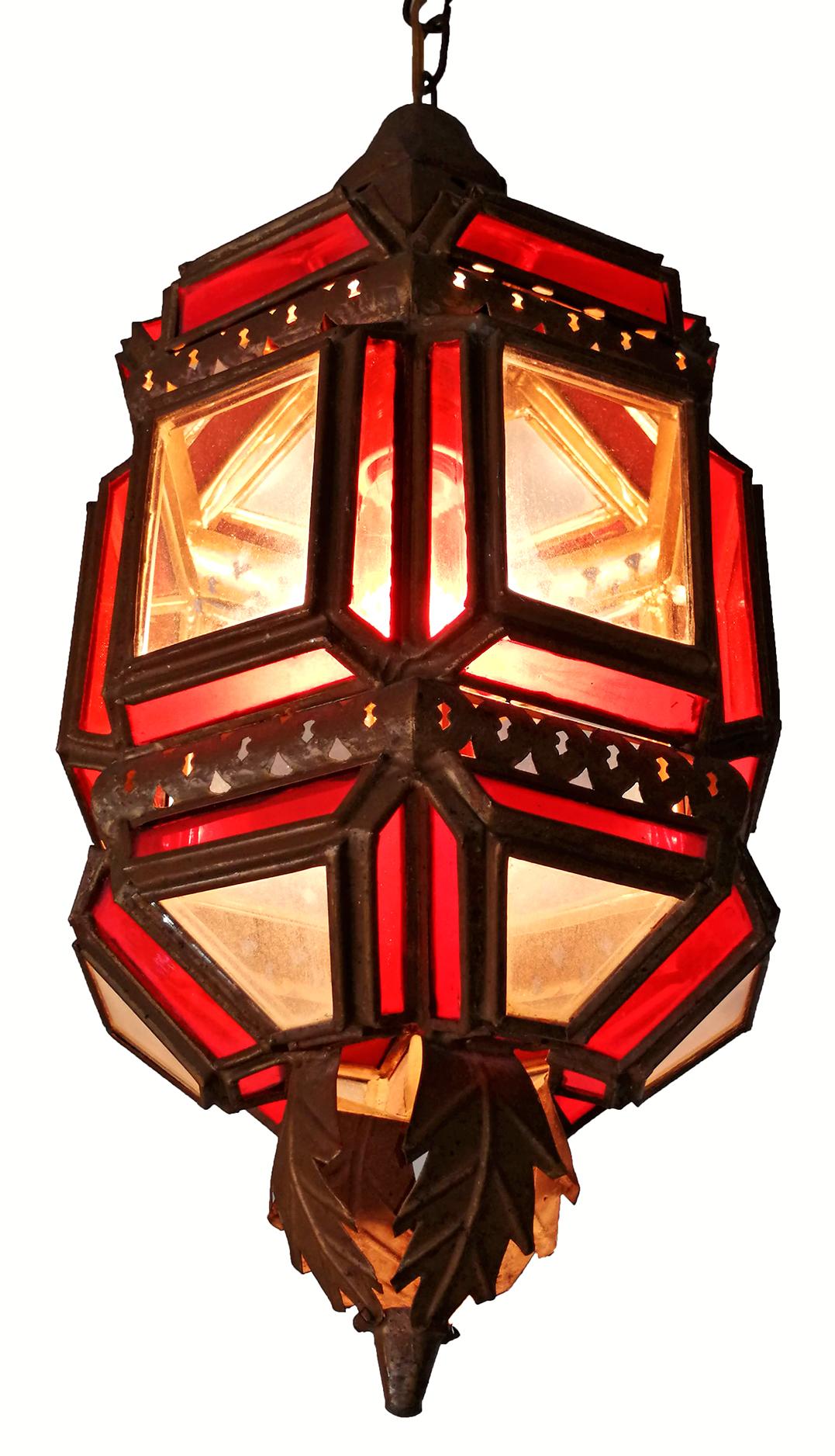 Moroccan Moorish Handmade Metal Ceiling Pendant Lantern in Red and White Glass In Good Condition In Coimbra, PT