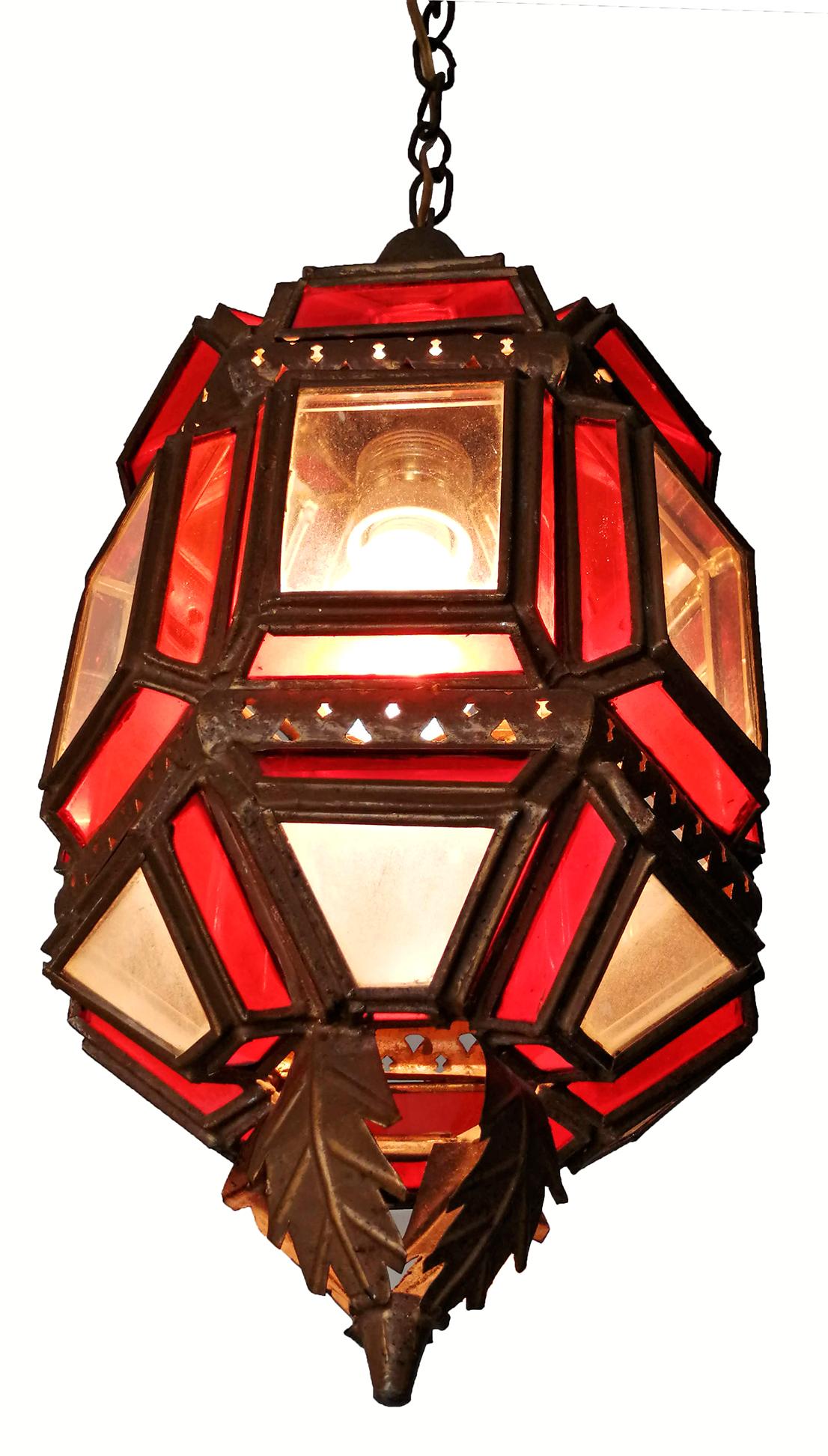 Mid-20th Century Moroccan Moorish Handmade Metal Ceiling Pendant Lantern in Red and White Glass