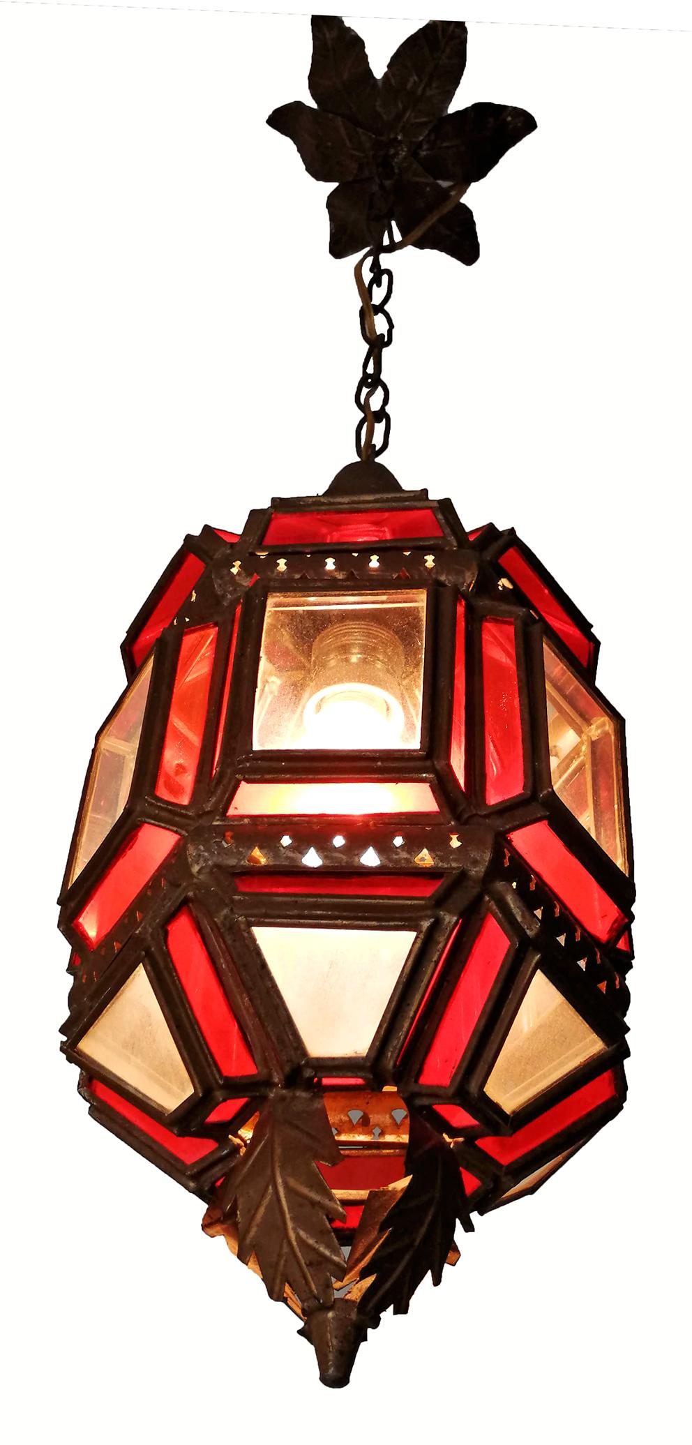 Cut Glass Moroccan Moorish Handmade Metal Ceiling Pendant Lantern in Red and White Glass
