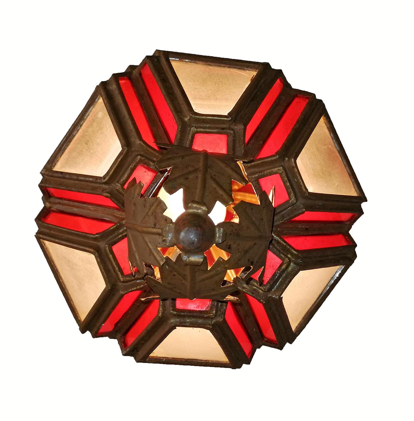 Moroccan Moorish Handmade Metal Ceiling Pendant Lantern in Red and White Glass 1