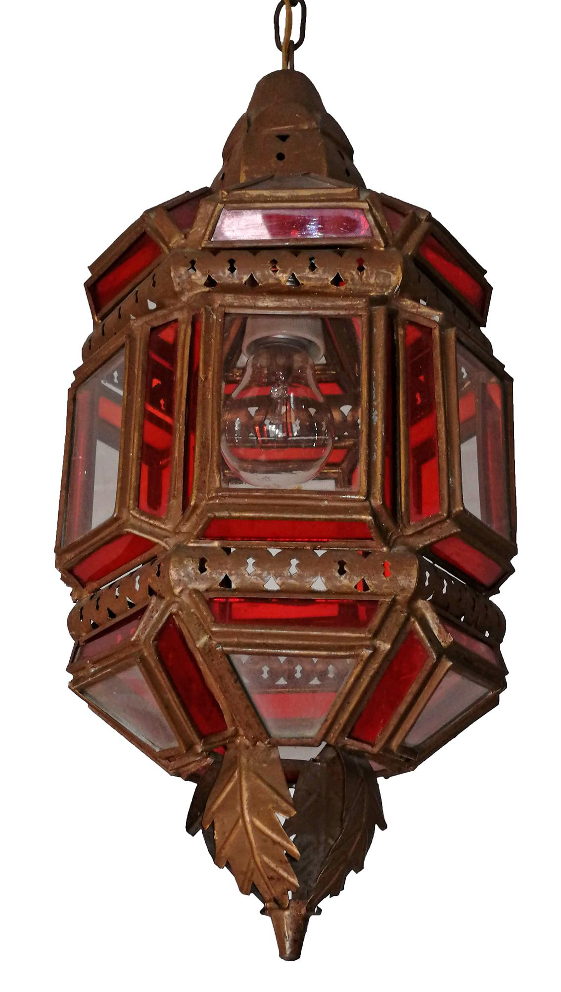 Moroccan Moorish Handmade Metal Ceiling Pendant Lantern in Red and White Glass 2