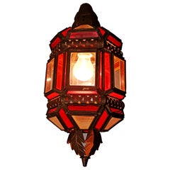 Moroccan Moorish Handmade Metal Ceiling Pendant Lantern in Red and White Glass