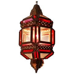 Moroccan Moorish Handmade Metal Ceiling Pendant Lantern in Red and White Glass