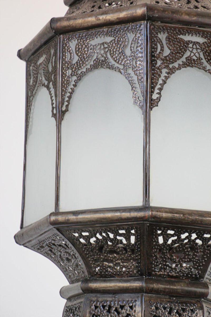 Moroccan Moorish Hanging Metal Lantern with Milky Glass For Sale 4