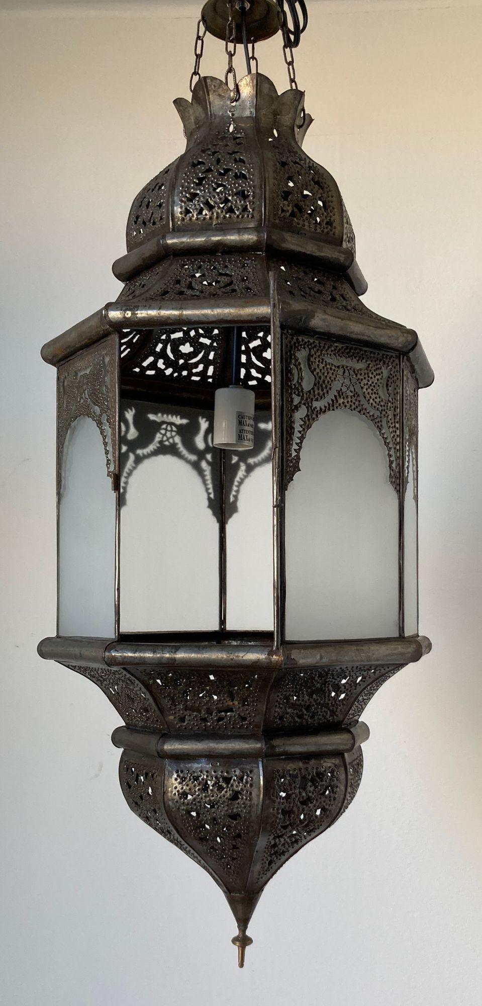 Moroccan Moorish Hanging Metal Lantern with Milky Glass For Sale 8