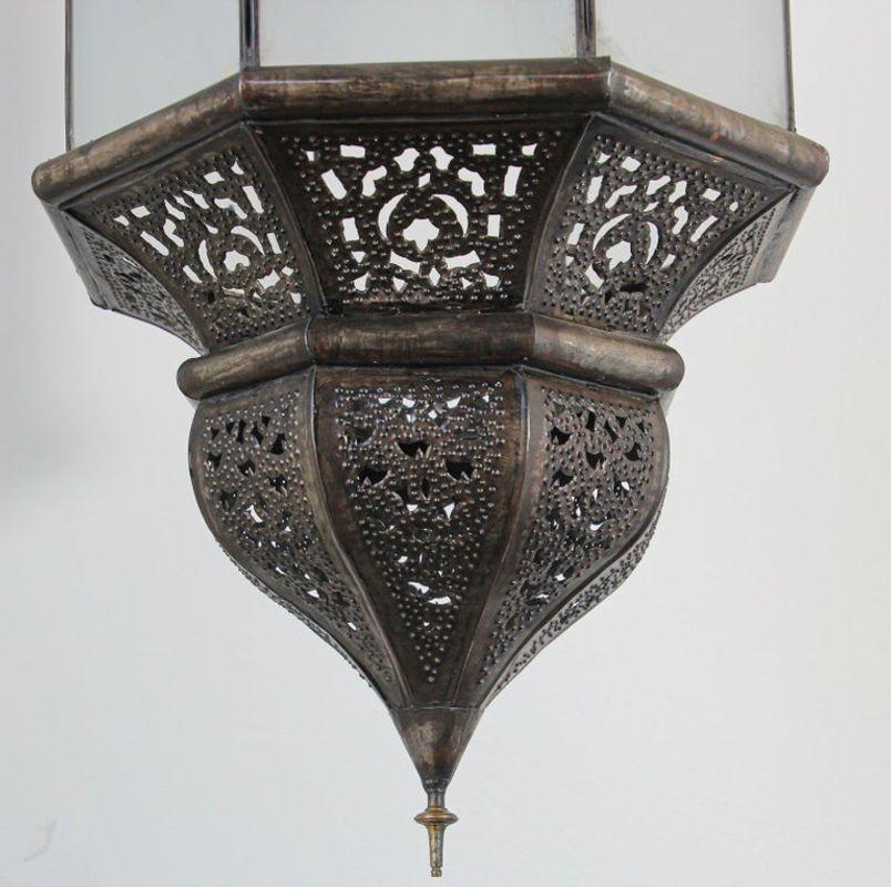Moroccan Moorish Hanging Metal Lantern with Milky Glass For Sale 10